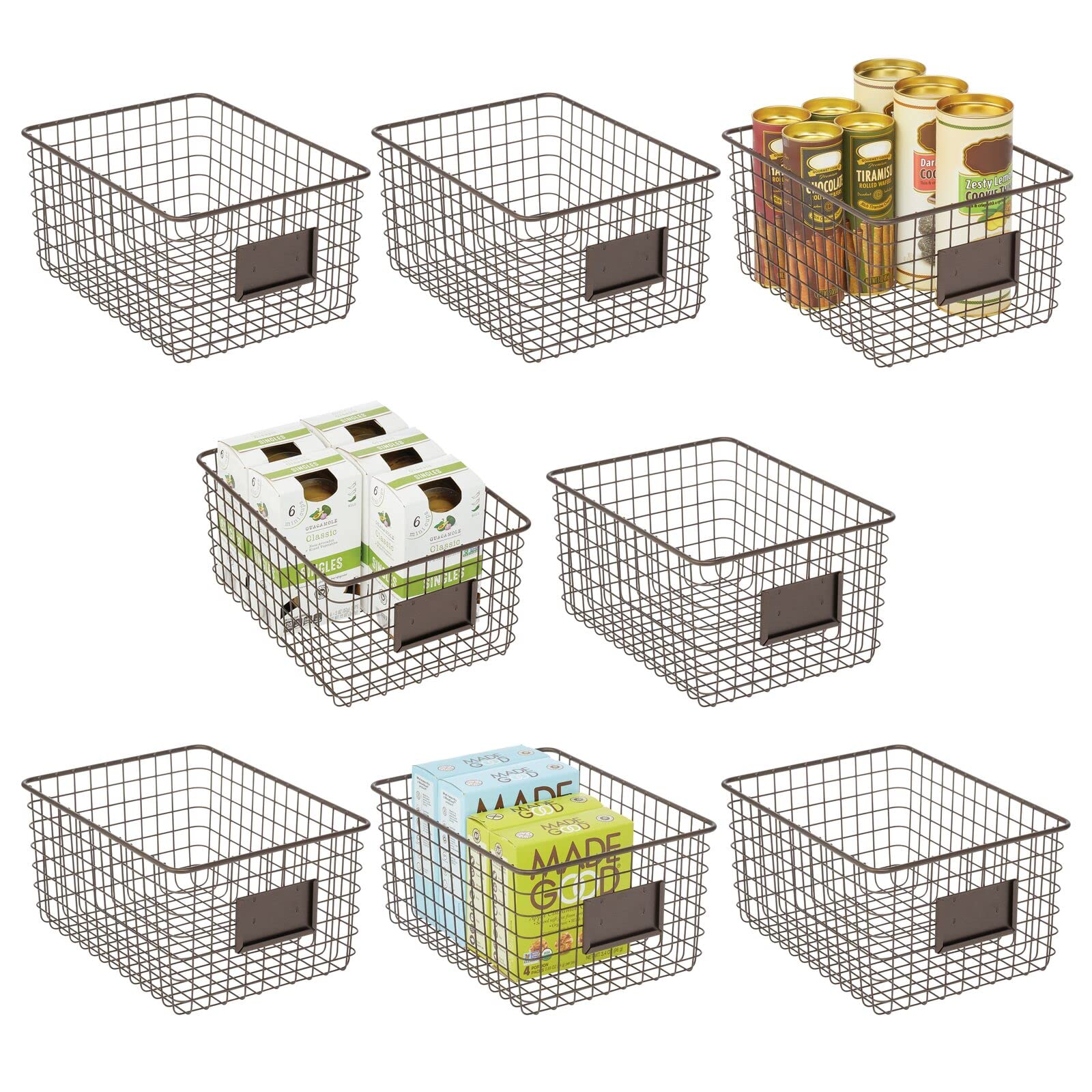 mDesign Large Steel Storage Organizer Bins with Label Slots - 8 Pack Bronze Omaha Collection for Kitchen Pantry, Cabinet & Cupboard | Perfect for Organizing Food, Drinks, Snacks & Produce | Ideal for Home Organization & Decluttering