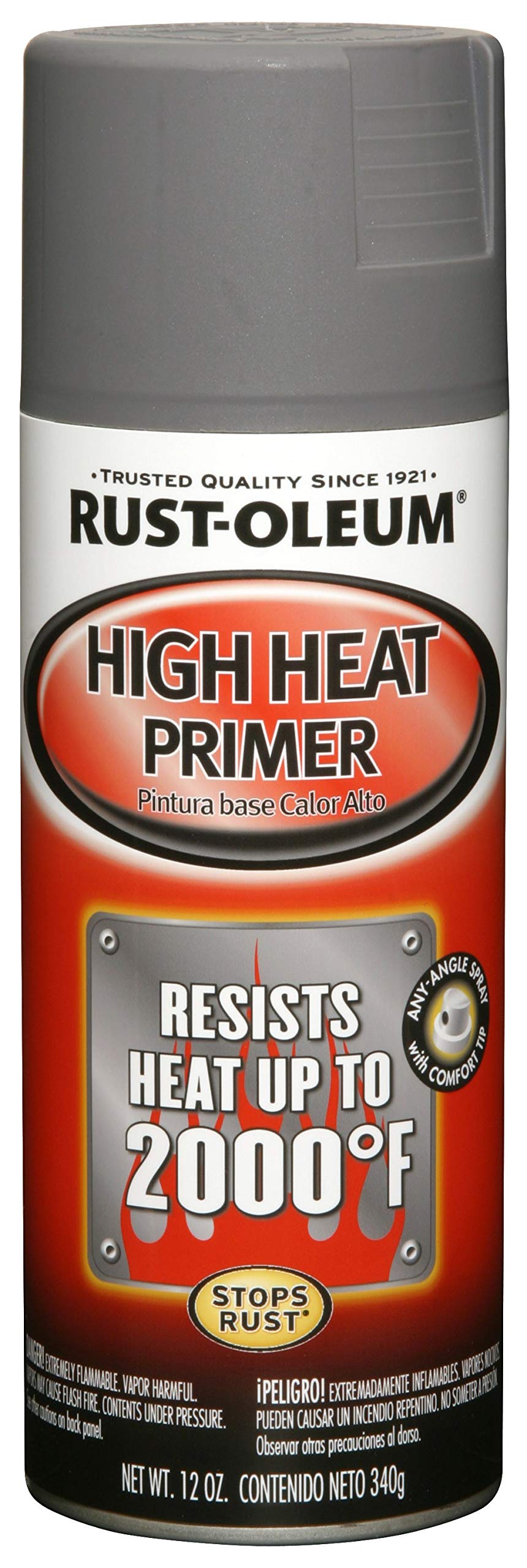 Rust-Oleum 249340 High Heat Automotive Primer Spray Paint - 12 oz Gray - Heat Resistant Up to 2000°F - Ideal for Engine Parts, Exhaust Manifolds & Brake Calipers