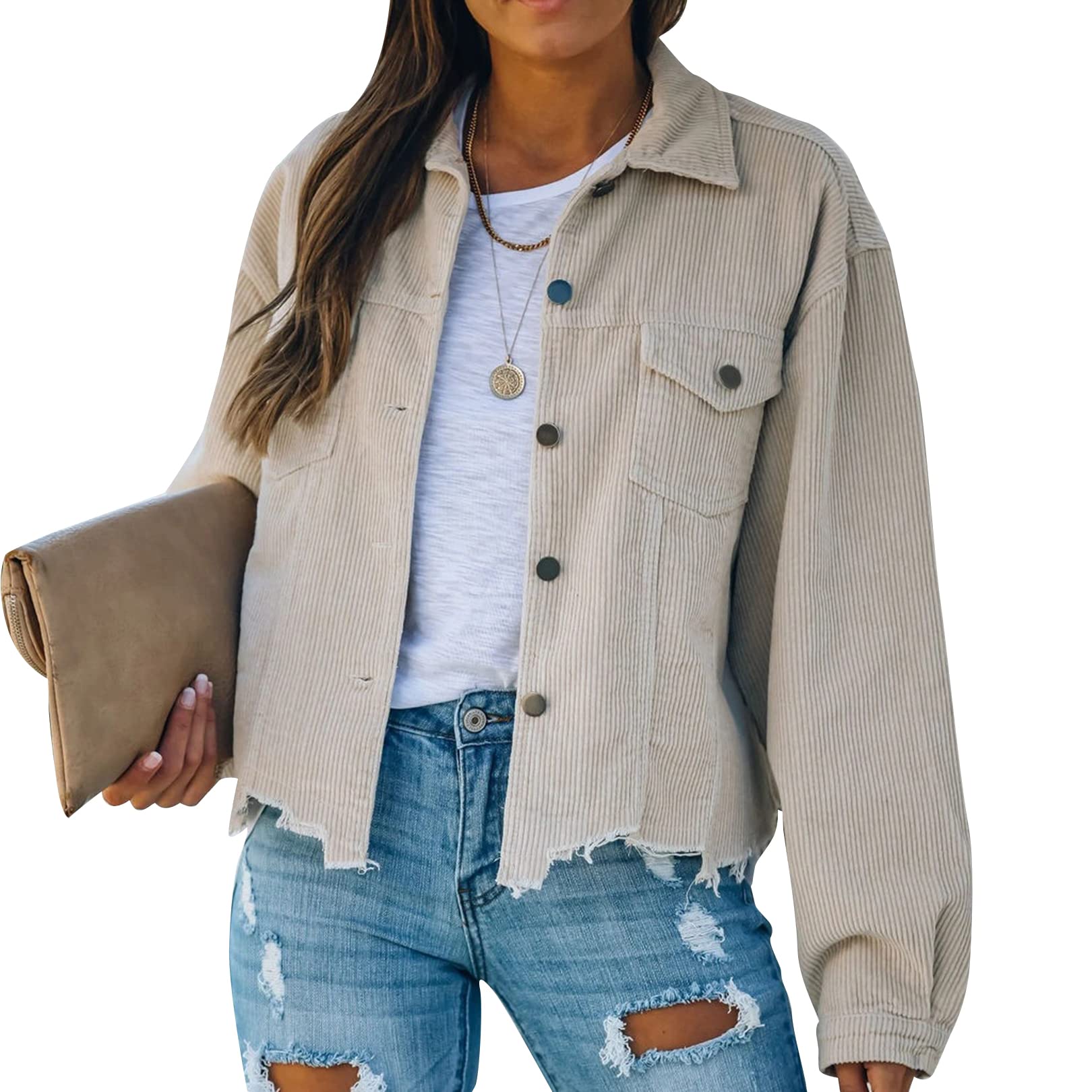 PEHMEA Women's Vintage Oversized Corduroy Shacket Jacket - Button Front, Loose Fit, Raw Hem & Frayed Details | Fall Winter Layering, Casual Outfits, Streetwear Fashion