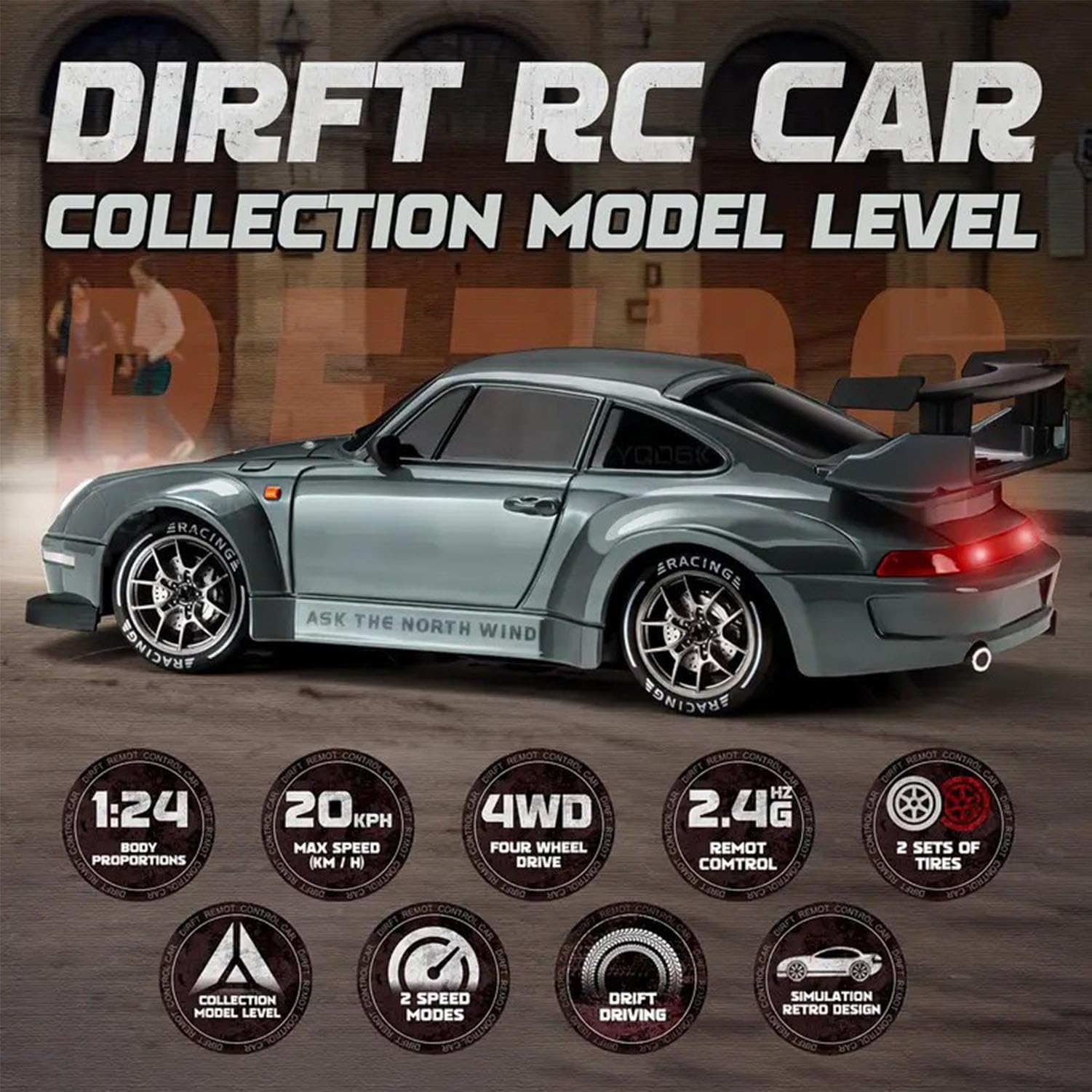 1:20 Scale Retro Drift Master RC Car - 2.4GHz 4WD Remote Control Drifting Vehicle with Roadblocks & Tires (Silver) | Mini RC Drift Car for Adults & Kids | Perfect for Indoor Racing, Backyard Drifting & RC Car Competitions