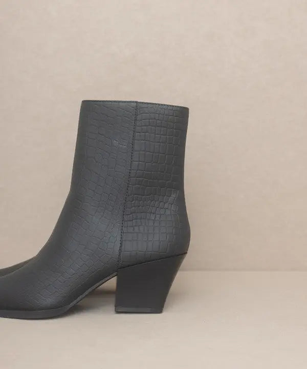 OASIS SOCIETY Miley Women's Alligator Print Ankle Booties - Stylish Faux Leather Pointed Toe Booties for Casual Outings & Night Parties