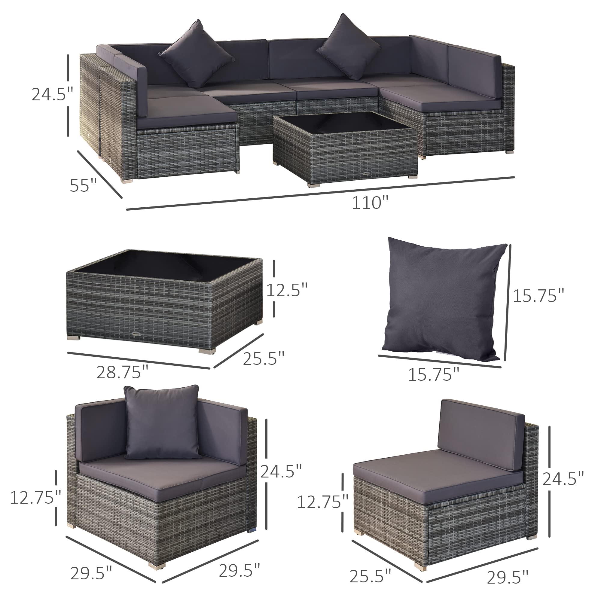 Outsunny 7-Piece All-Weather PE Rattan Patio Furniture Set - Outdoor Wicker Sectional Sofa with Cushions & Tempered Glass Tabletop, Grey - Perfect for Backyard, Garden, Poolside & Patio Relaxation