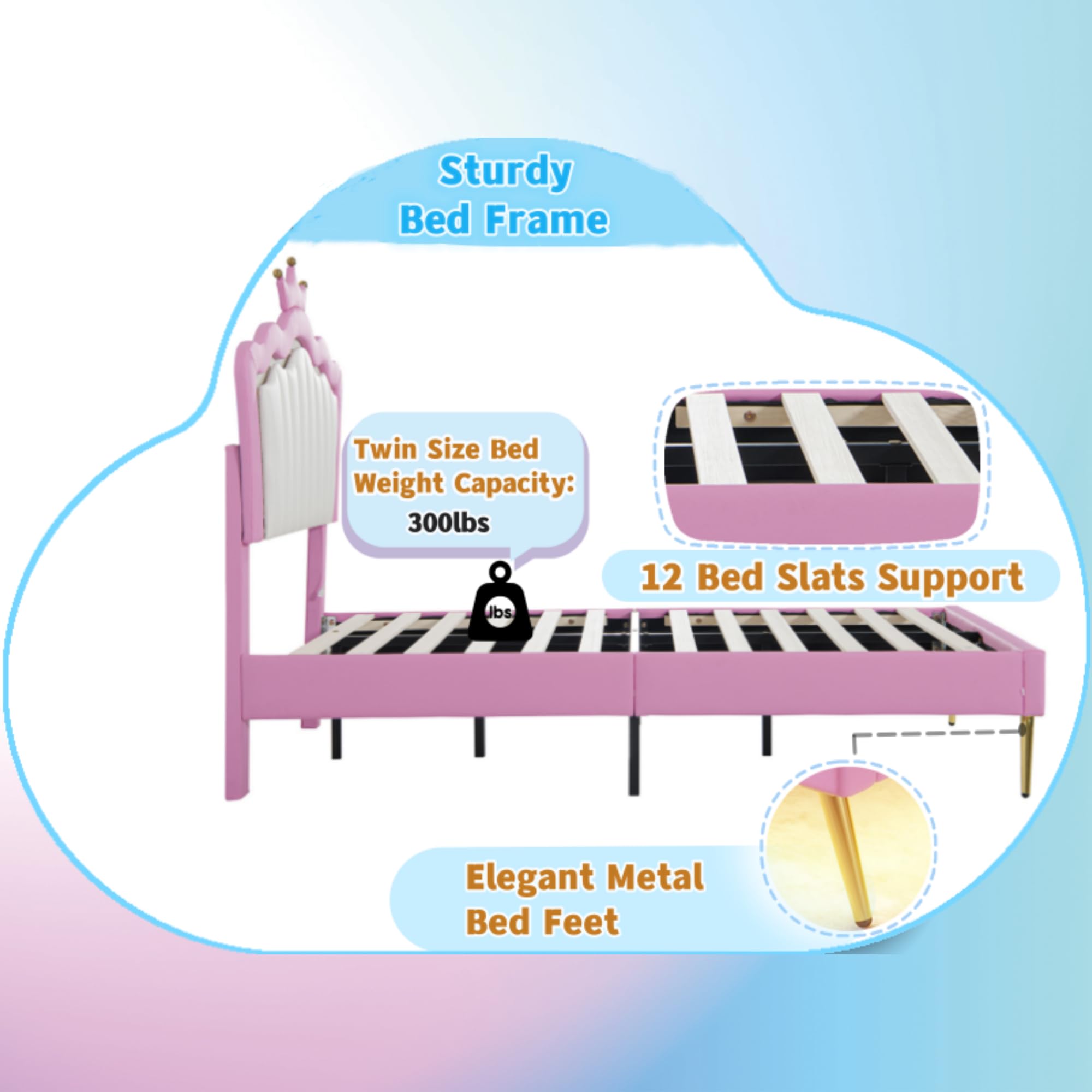 Linique Twin Size Upholstered LED Bed Frame with Crown Headboard - Modern Princess Bed in Pink & White | Perfect for Girls' Bedroom, Teen Room Decor & Fairy Tale Themed Spaces