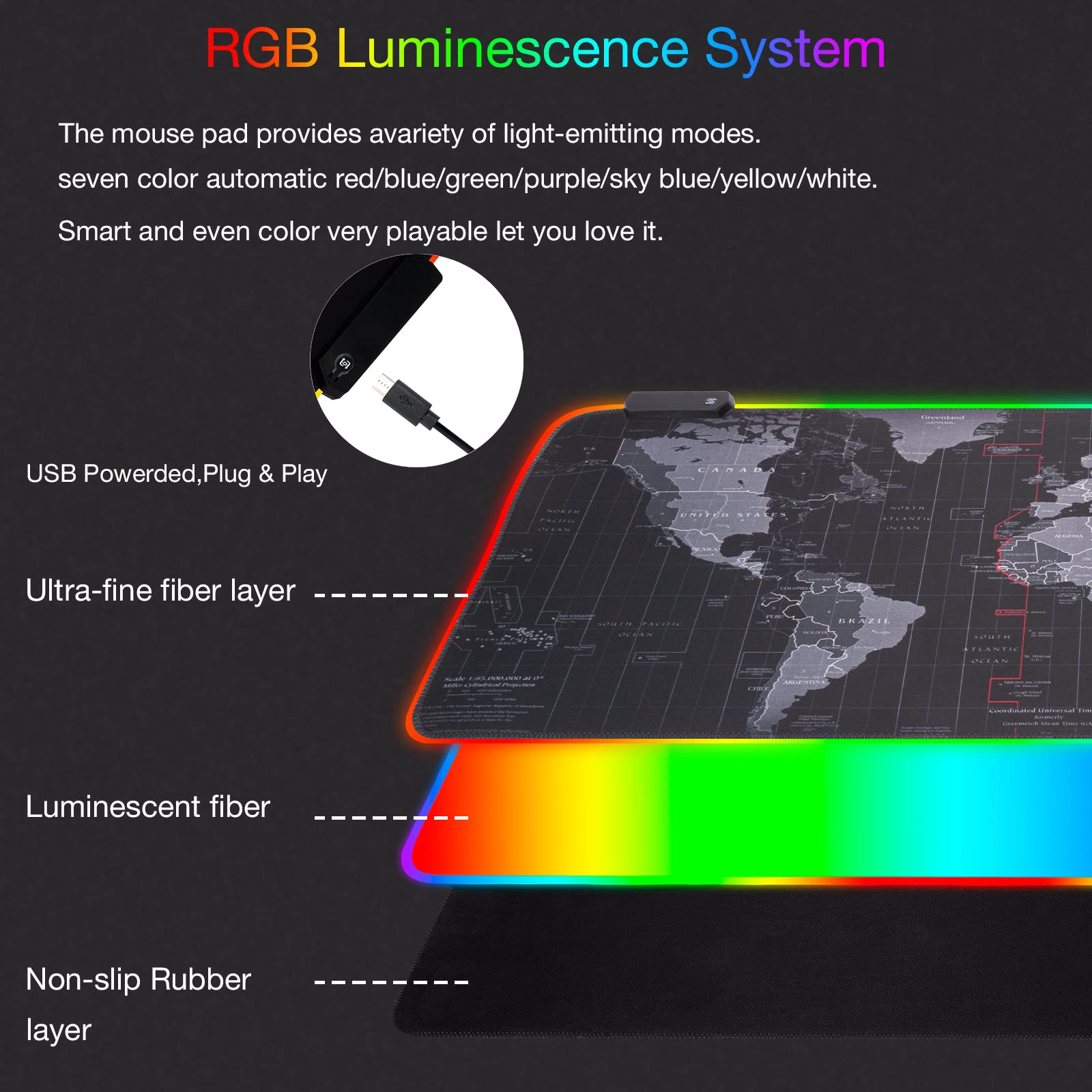 RGB Gaming Mouse Pad - Extra Large Waterproof Mouse Mat with 14 Lighting Modes for PC Gamers | Non-Slip Office Desk Mat for Computer, Gaming & Work (Map Design) - Perfect for Esports, Streaming & Home Office Setup