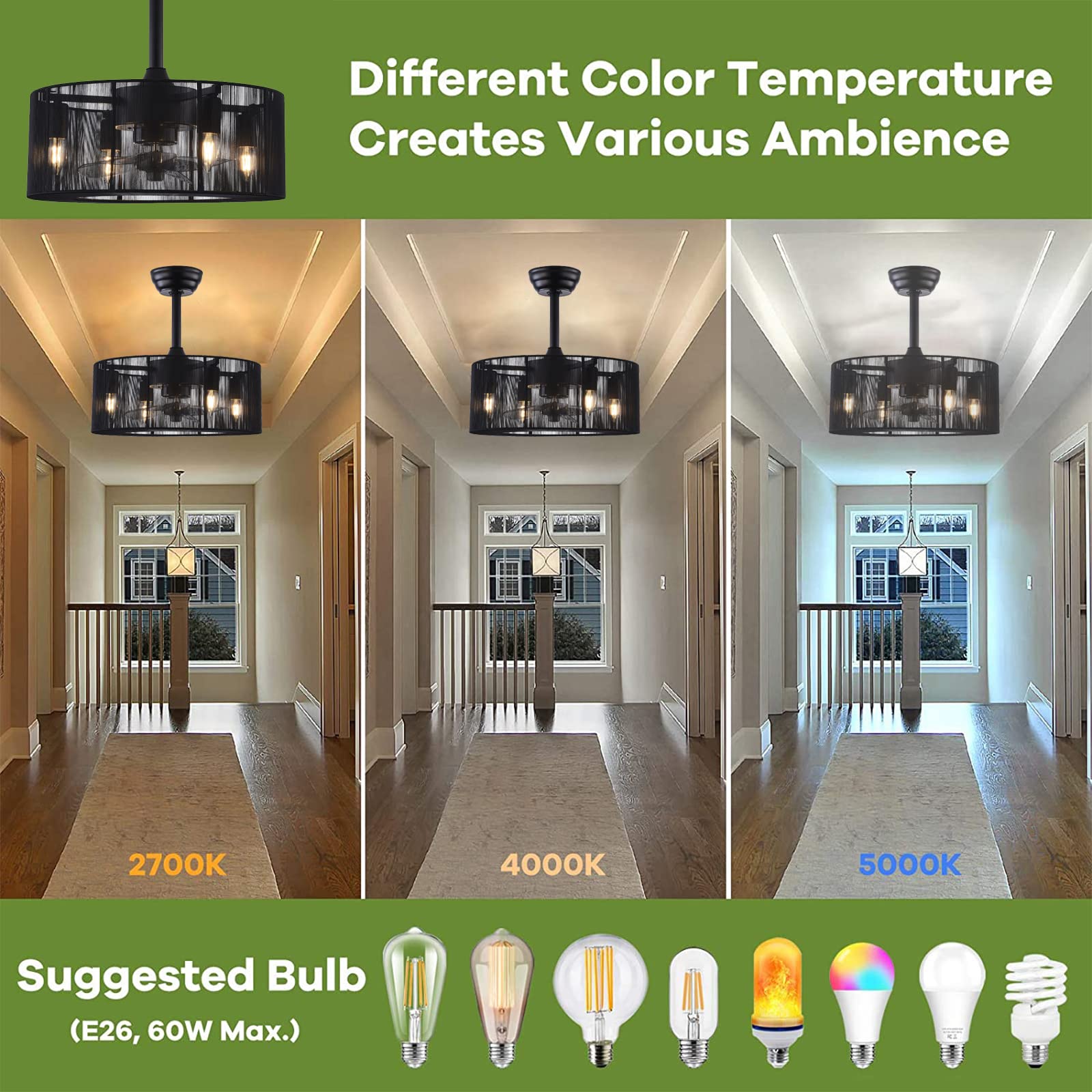 18'' Black Caged Ceiling Fan with Lights & Remote Control - 3 Speed Adjustable, 4-Light Farmhouse Style, Semi-Flush Mount for Low Ceilings - Perfect for Indoor Living Room, Bedroom, Kitchen & Patio Use