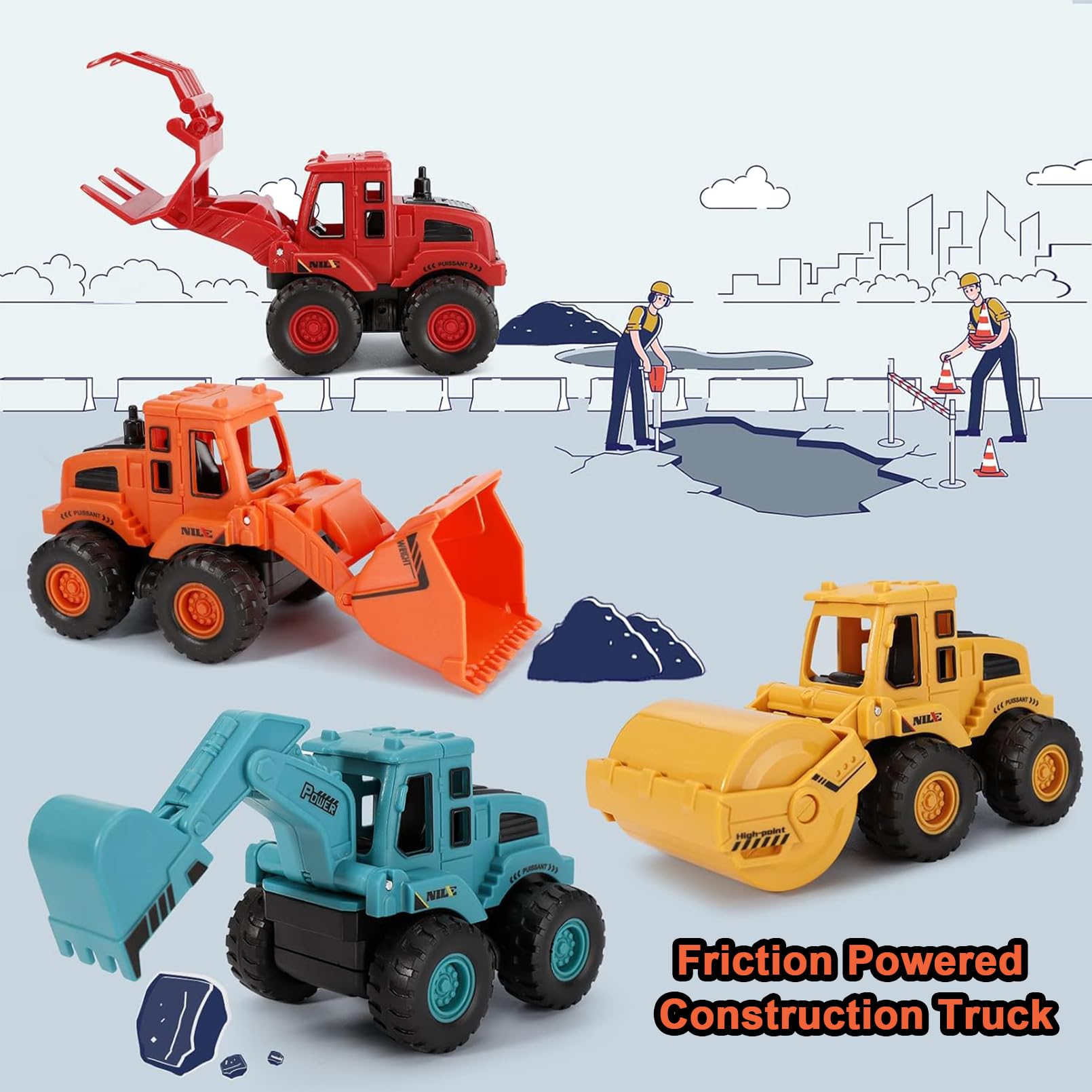 4PCS Construction Vehicle Toys Set - Friction Powered Mini Bulldozer, Excavator, Roller & Dump Truck - Fun Sand Play & Educational STEM Toys for Kids Boys Girls - Perfect for Birthday Gifts & Indoor/Outdoor Playtime