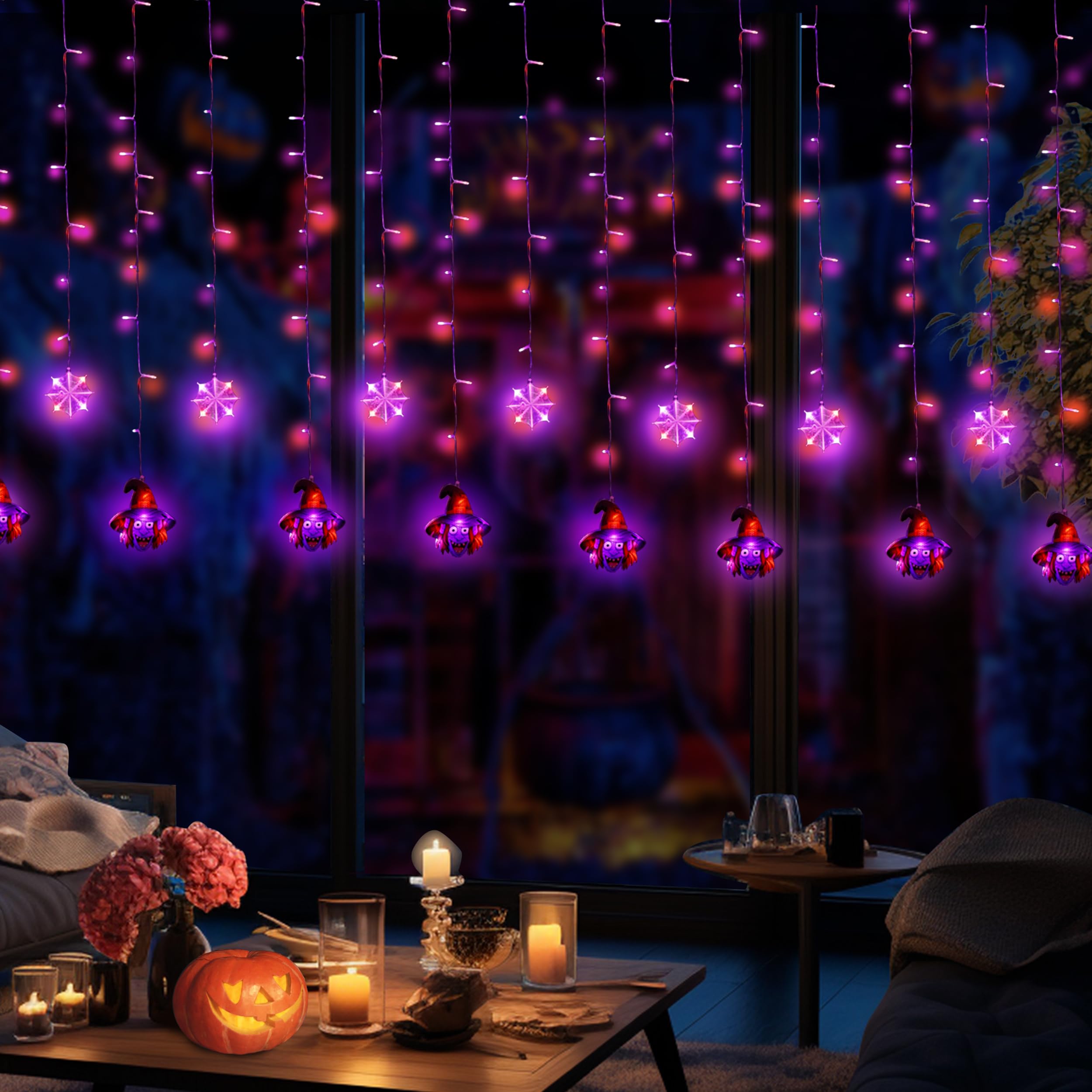 200 LED Halloween Icicle Lights - Purple & Orange Dripping Curtain String Lights with 10 Spooky Ornaments | Waterproof Outdoor Decor for Windows, Porch, Yard | Perfect for Halloween Party, Haunted House & Holiday Decorations