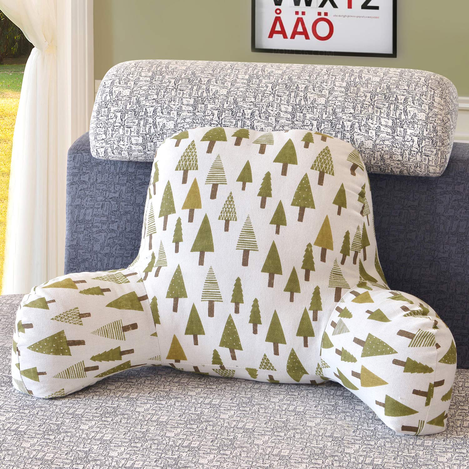 Bohemian Printed Reading Pillow with Support Arms - Soft Bed Rest Pillow for Back Support - Comfortable Cushion for Kids & Adults Reading, Watching TV, or Sitting Up in Bed (20×15×8 Inches, Tree Design) - Perfect for Cozy Reading Nooks, Dorm Rooms & Family Movie Nights