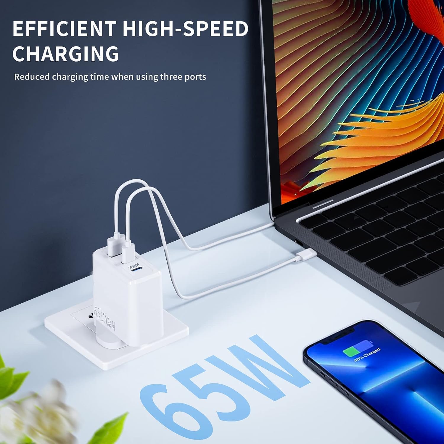 65W GaN Fast Charger with 60W USB-C Cable - Compatible with Nothing Phone 3a/3a Pro/2a Plus/CMF 1/2a/2/1 - Multi-Port USB-C Power Adapter for Super Fast Charging (White) | Perfect for Home, Office & Travel Charging Needs