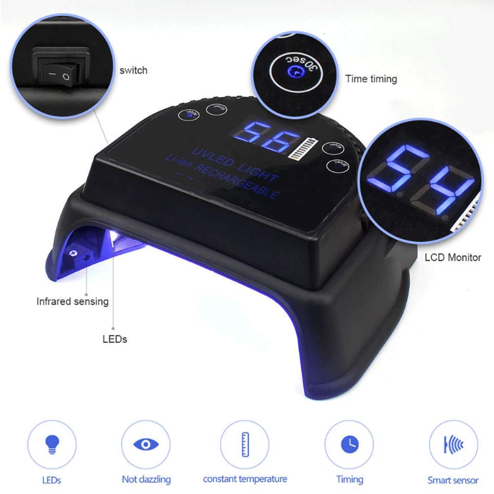 64W Wireless Rechargeable UV LED Nail Lamp - Cordless Gel Nail Dryer with Built-in Lithium Battery for Professional Salon & Home Manicure - Perfect for Nail Art, Gel Polish Curing & DIY Nail Care (Black)