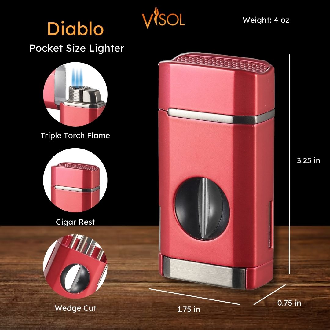 Visol Diablo Triple Torch Flame Lighter with Spring V Cutter - Red | Windproof Butane Lighter for Cigars, Camping & Outdoor Use