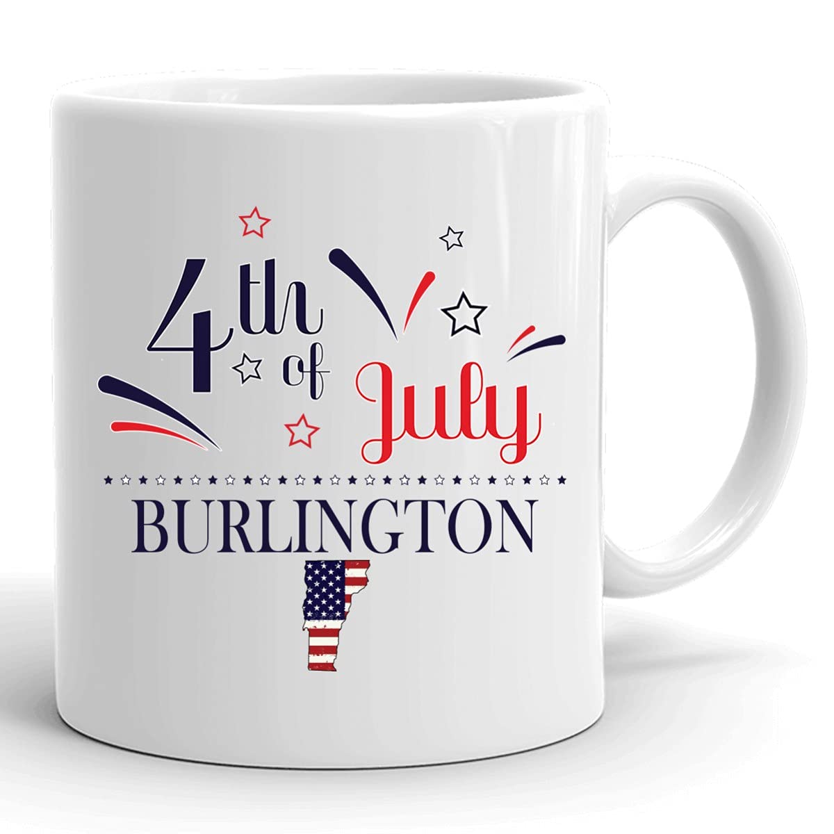 **Personalized 11oz Coffee Mug - Custom USA Flag Design with Any City/State - Happy 4th of July Gift - Burlington Vermont - White Ceramic Cup - Perfect for Independence Day Celebrations, Office Gifts & Home Decor**