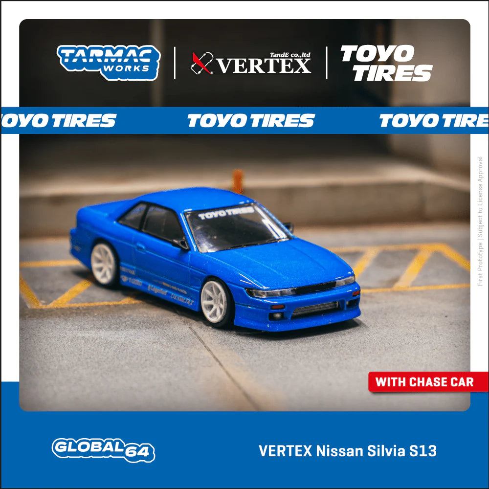 Tarmac Works 1:64 Scale Nissan Silvia S13 Vertex Blue Metallic Diecast Model Car with Toyo Tires - Perfect for Collectors, Display, and Racing Scenes
