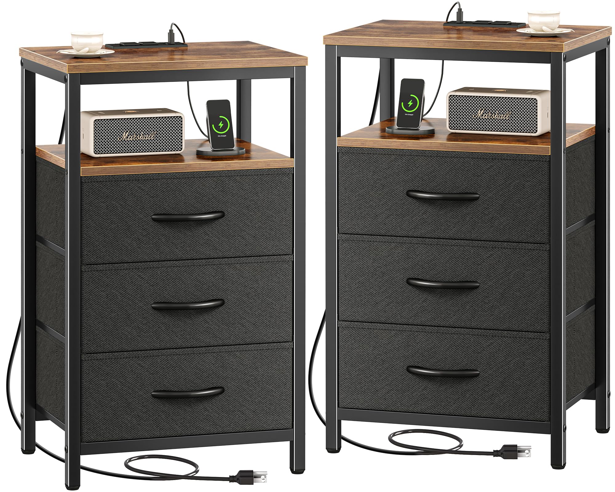 Huuger Nightstands Set of 2 - 27.6 Inch Rustic Brown and Black Bedside Tables with USB Charging Station, Fabric Drawers & Outlet - Perfect for Bedroom, Living Room or Guest Room Night Stands