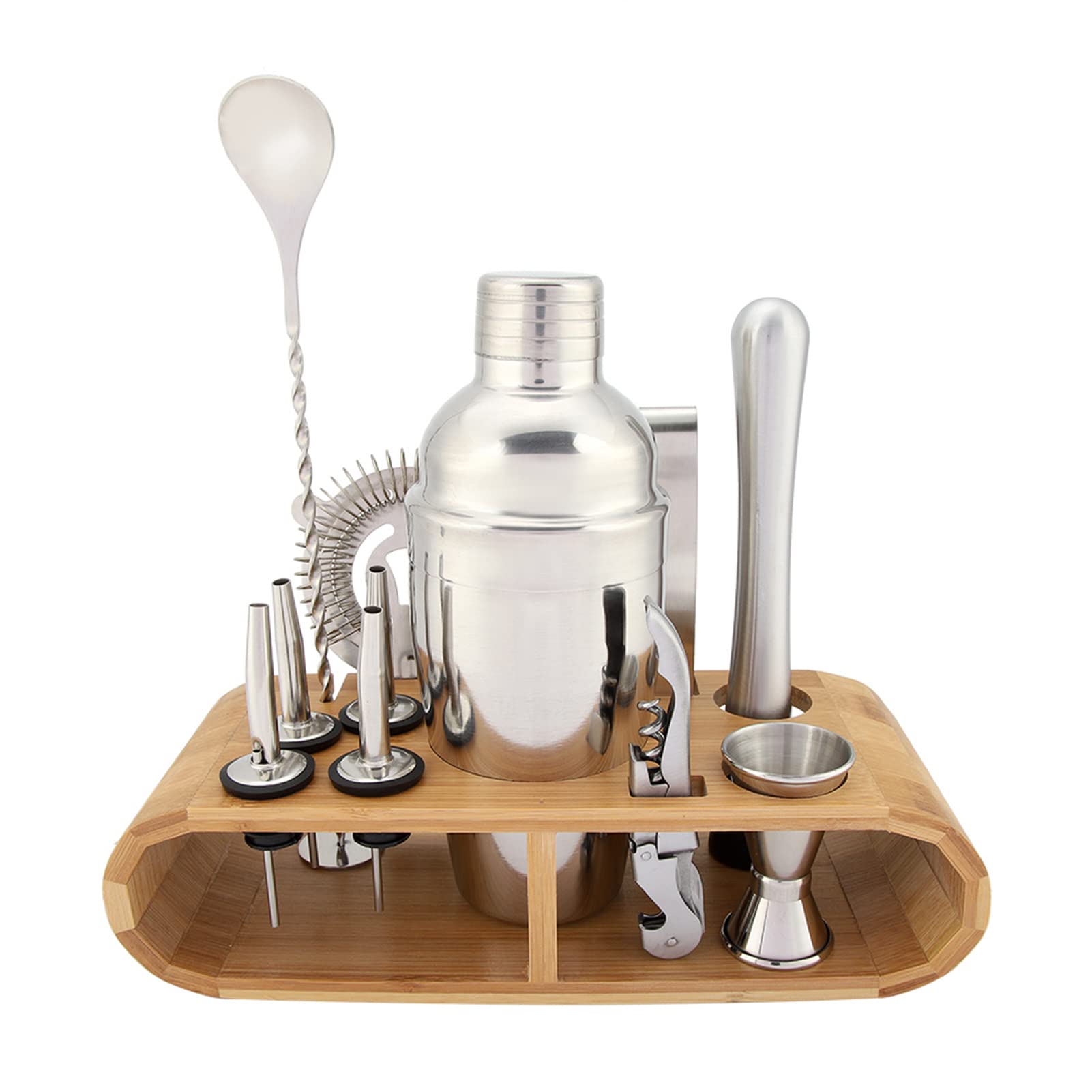 Professional Stainless Steel Cocktail Shaker Set - Bartender Kit with Wooden Base for Mixing Martinis, Margaritas & Cocktails | Perfect for Home Bars, Parties & Professional Use | Durable Drink Mixer Tool & Accessories