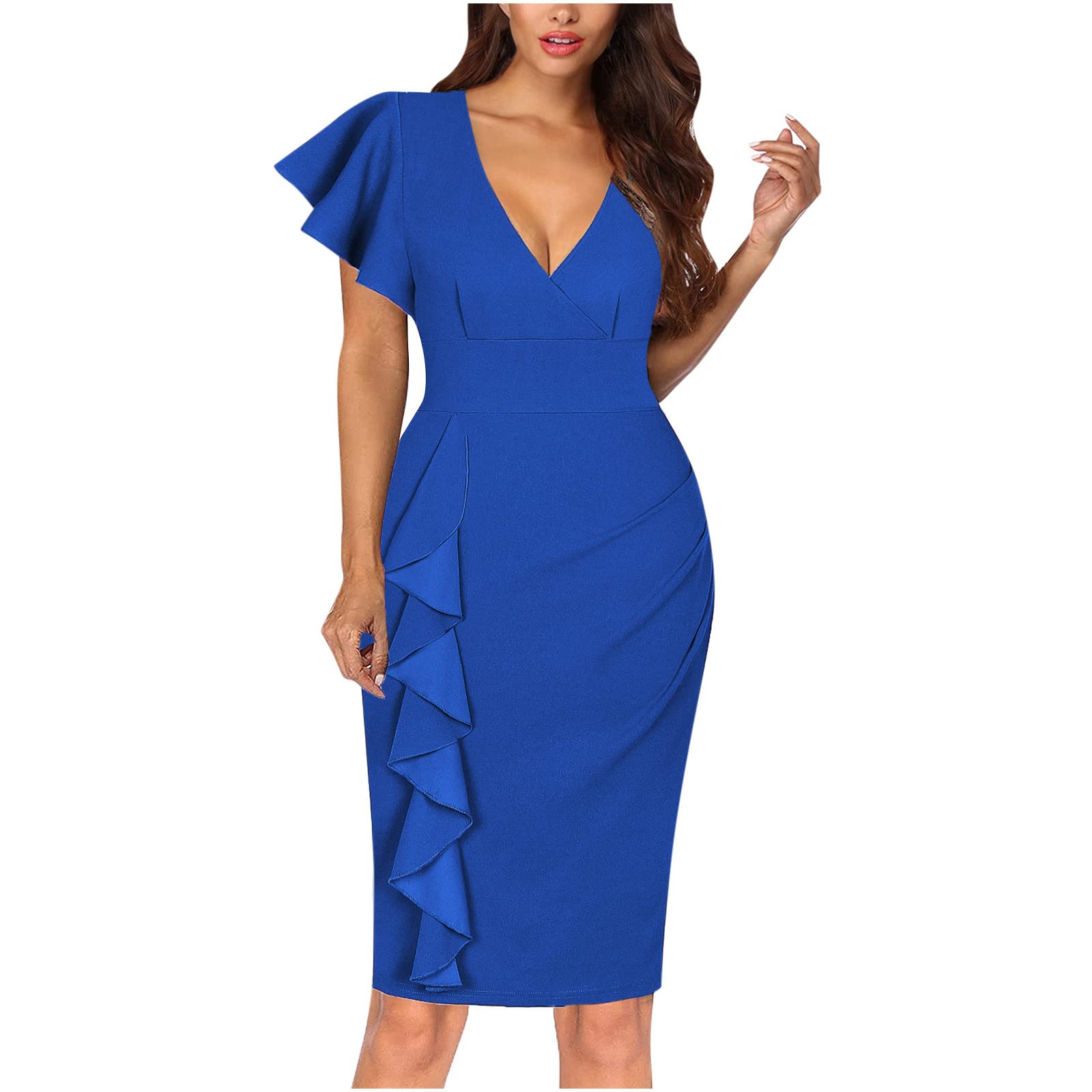 Sexy V-Neck Bodycon Dress for Women - Ruffled Short Sleeve Cocktail Party Dress, Wedding Guest Dress, Clubwear & Evening Midi Dress | Perfect for Night Out, Date Night & Special Occasions