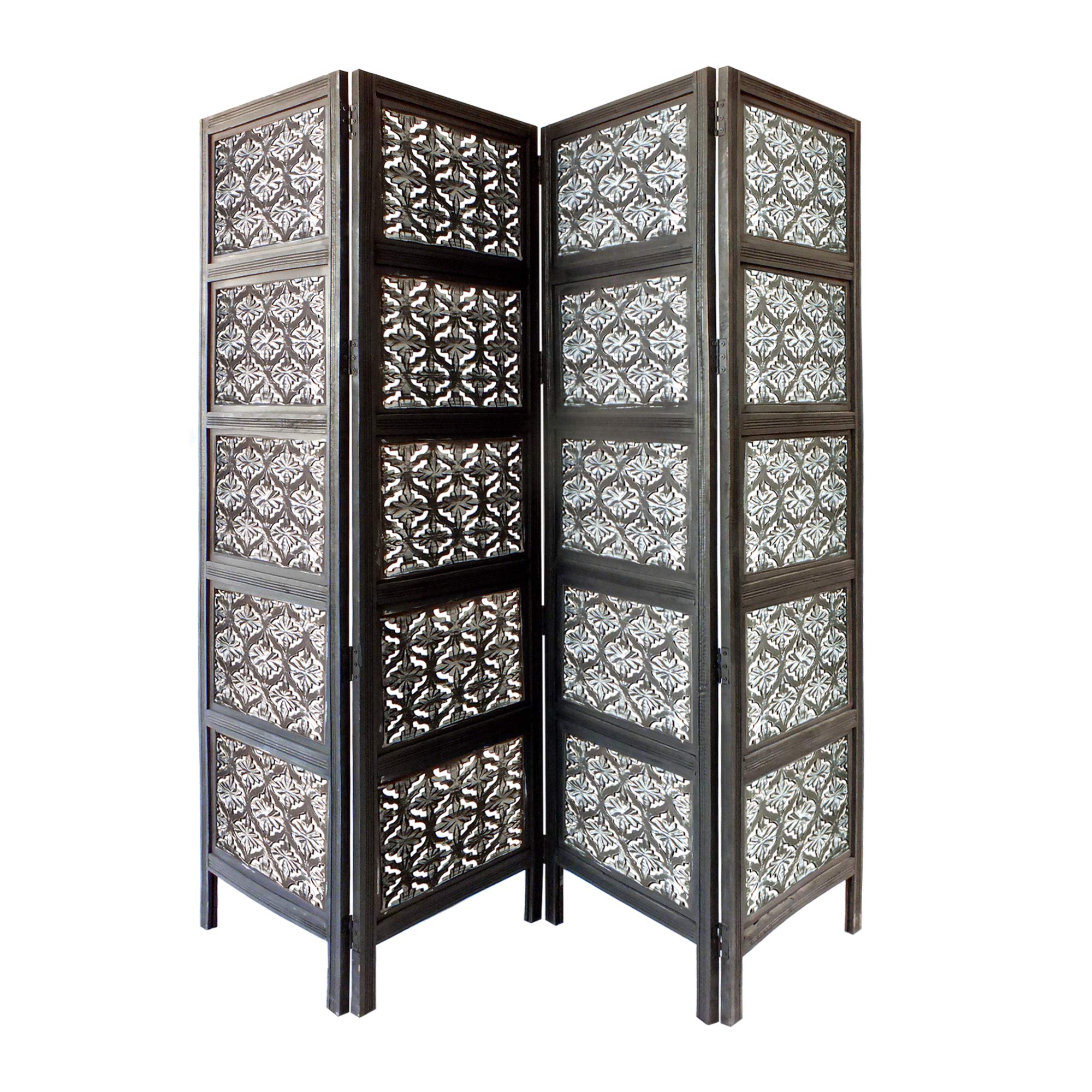 TUP The Urban Port Black & White 4-Panel Mango Wood Room Divider with Traditional Carvings - Handcrafted Privacy Screen for Living Room, Bedroom or Office Space