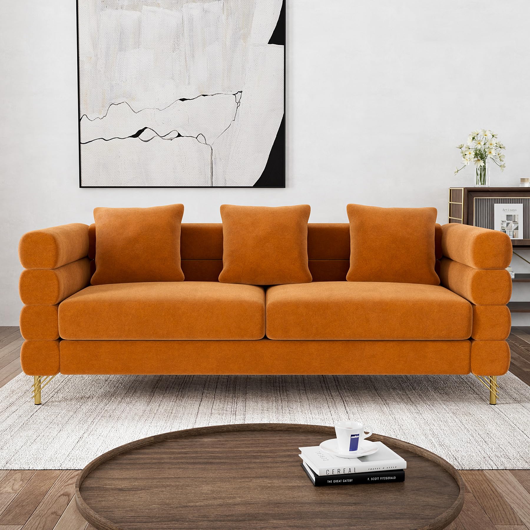 Modern Velvet Sofa and Loveseat Set - Overstuffed Deep Seat Cloud Couch with 5 Pillows, Oversized Chesterfield Furniture for Living Room & Bedroom (Orange) - Perfect for Small Spaces, Apartments and Cozy Home Decor