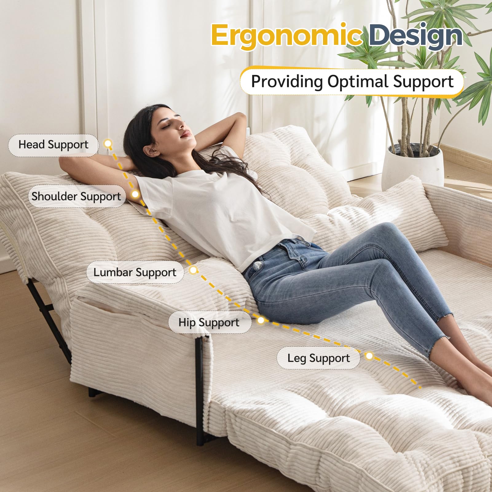 MAXYOYO Adjustable Floor Sofa Bed with 2 Pillows - Multi Functional Bean Bag Sleeper with Armrest for Reading, Gaming & Relaxing - Comfortable Beige Lounger for Living Room, Bedroom & Dorm