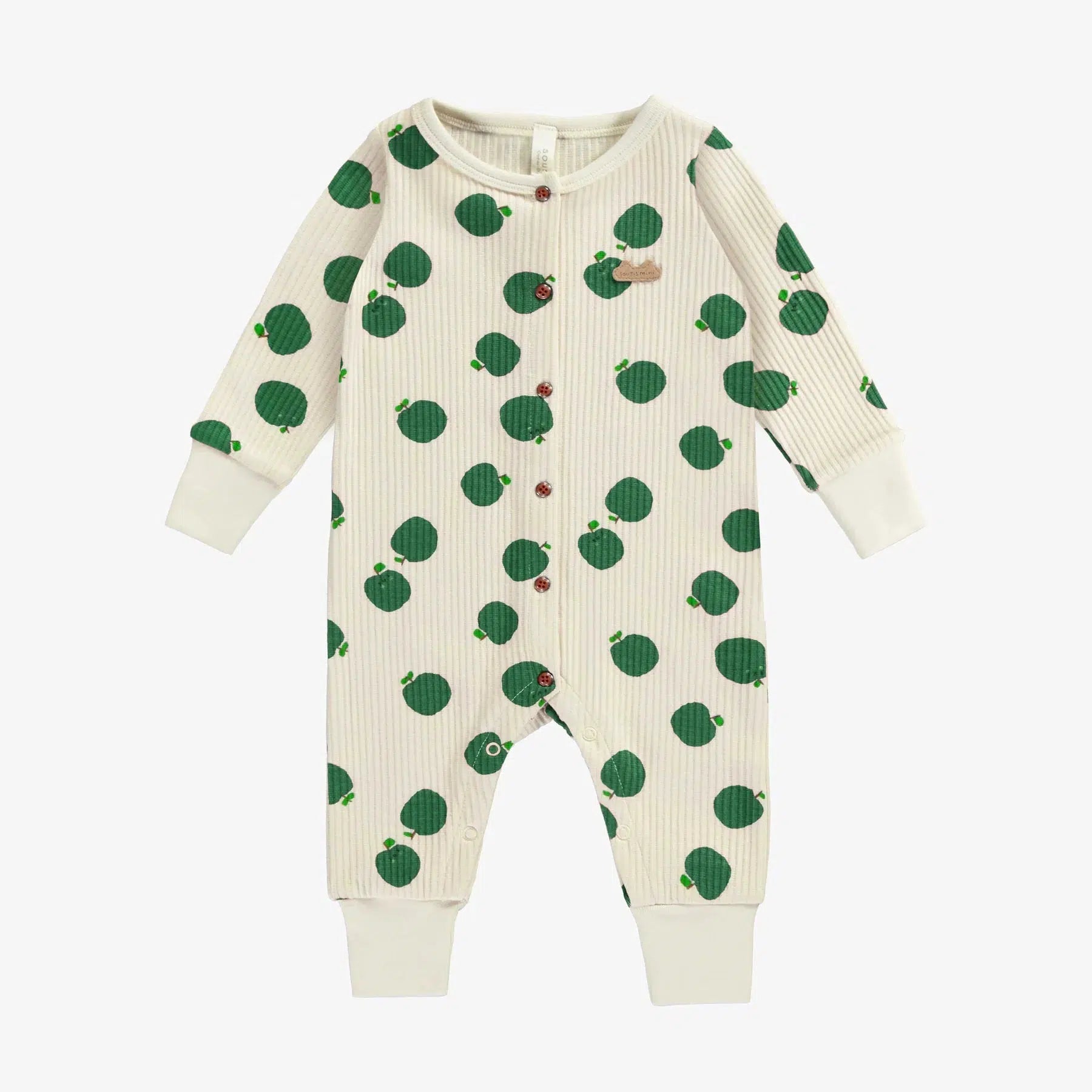 Mini Ribbed Button Romper for Baby Girls - Green Apple Print - Soft Cotton Jumpsuit for Playtime & Photo Shoots