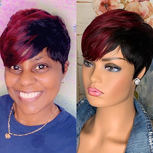 Yemmye Short Bob Wig Human Hair - Burgundy Red 99J Ombre Wavy Pixie Cut for Black Women | Machine Made Non-Lace Layered Style | Perfect for Daily Wear, Cosplay & Special Occasions