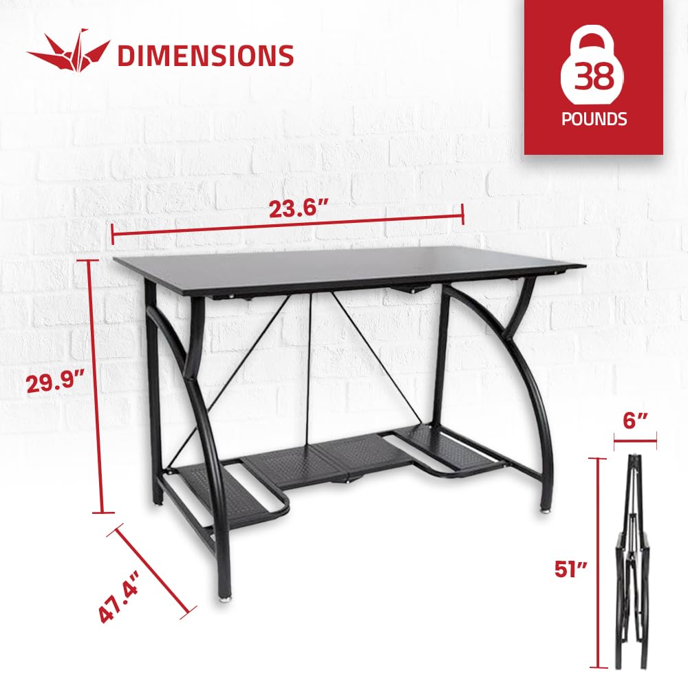 Origami Large Foldable Two-Shelf Desk - Sturdy Steel Frame Laptop Computer Table for Home Office, Dorm Room & Small Spaces - Black Workstation with Storage Shelf