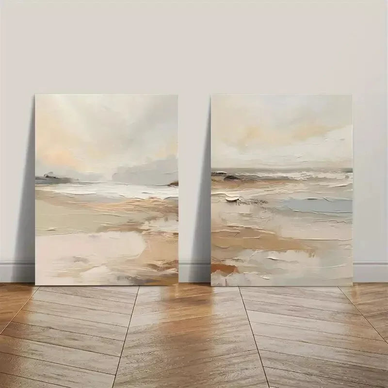 2-Piece Abstract Oil Painting Set - River Beach Landscape in Retro Colors, Framed Canvas Wall Art 50x75cm | High Quality Print, 100% Australian Made | Perfect for Living Room, Bedroom & Office Decor