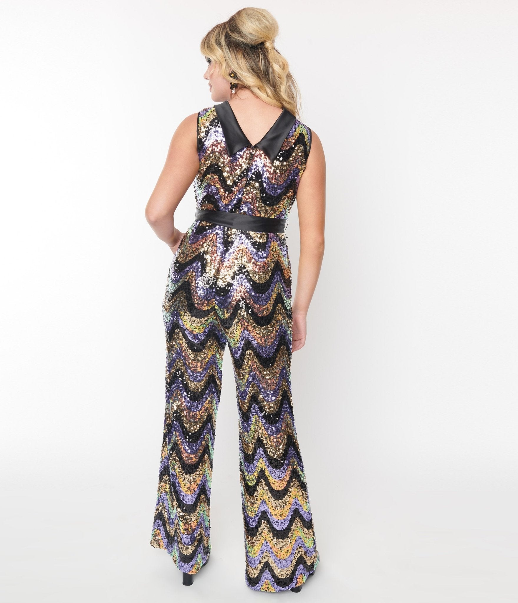 Smak Parlour Multicolor Zig Zag Sequin Cowl Neck Jumpsuit for Women - Sparkly Party Outfit for Nightclub, Holiday & Special Occasions