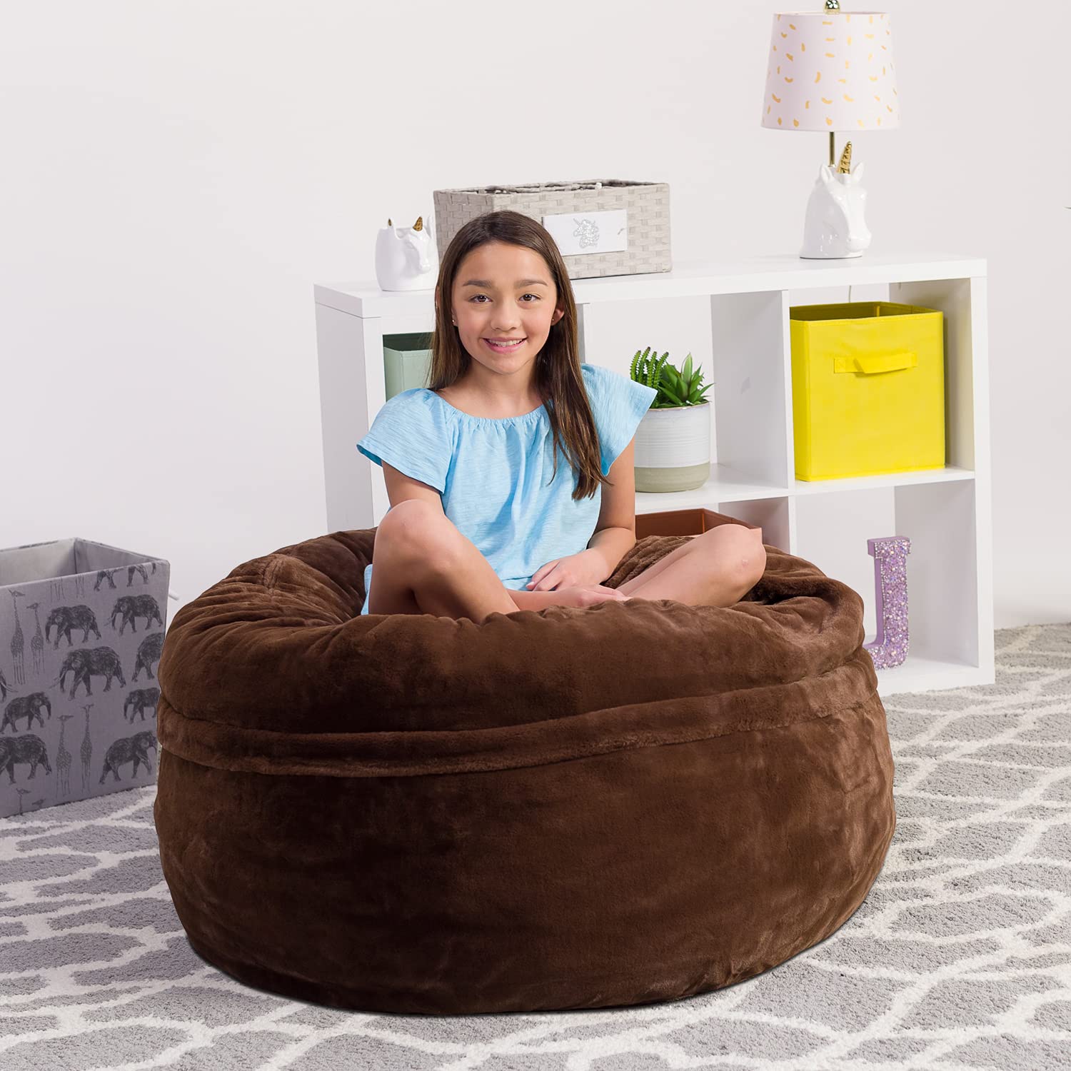 Chill Sack Giant 4-Foot Memory Foam Bean Bag Chair with Soft Faux Rabbit Fur Cover - Brown | Ultra Comfortable Oversized Lounger for Living Room, Game Room & Dorm Relaxation