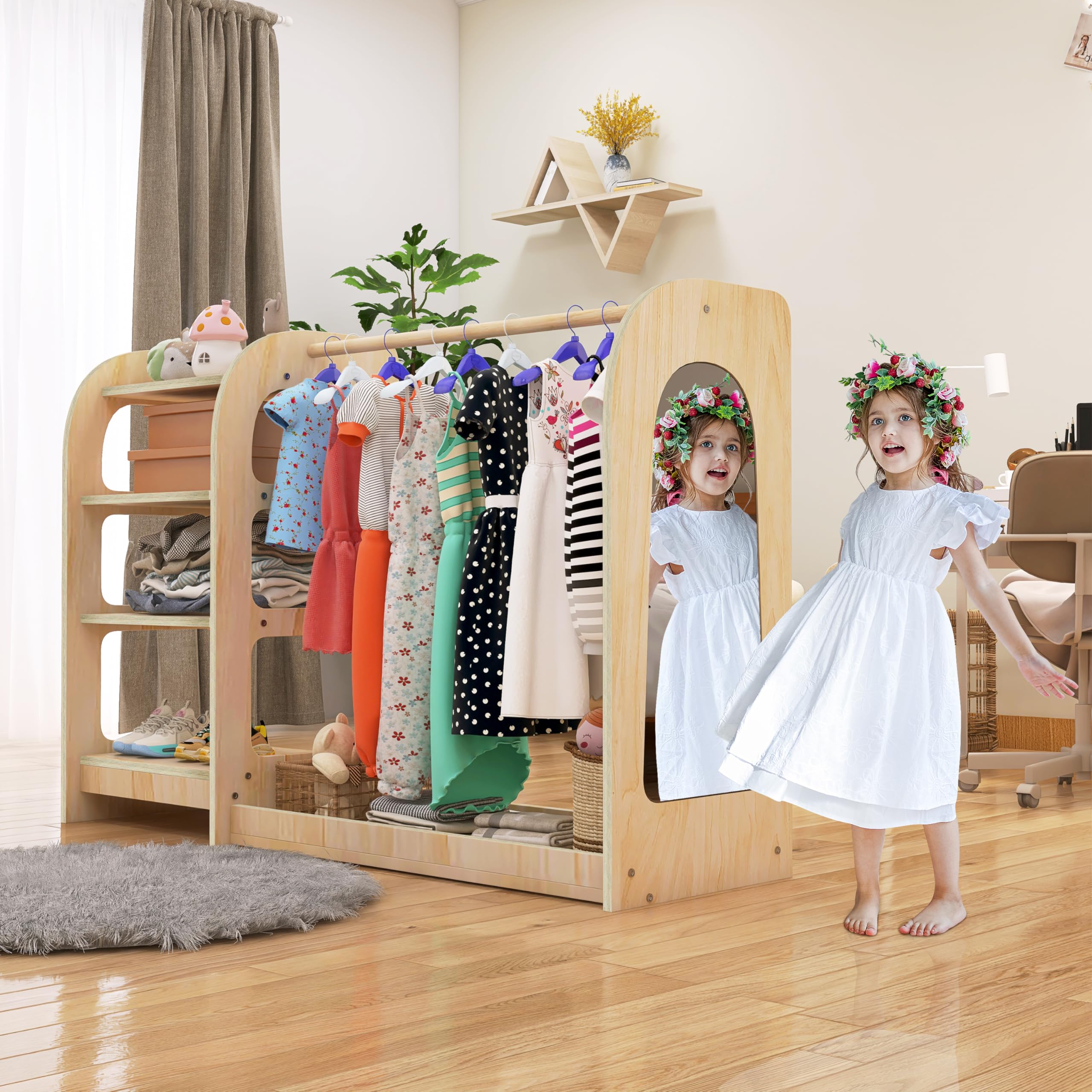 Wooden Kids Dress Up Storage Rack with Mirror & Shelf - Wardrobe Closet for Girls & Boys - Perfect for Bedroom, Playroom & Birthday Gift
