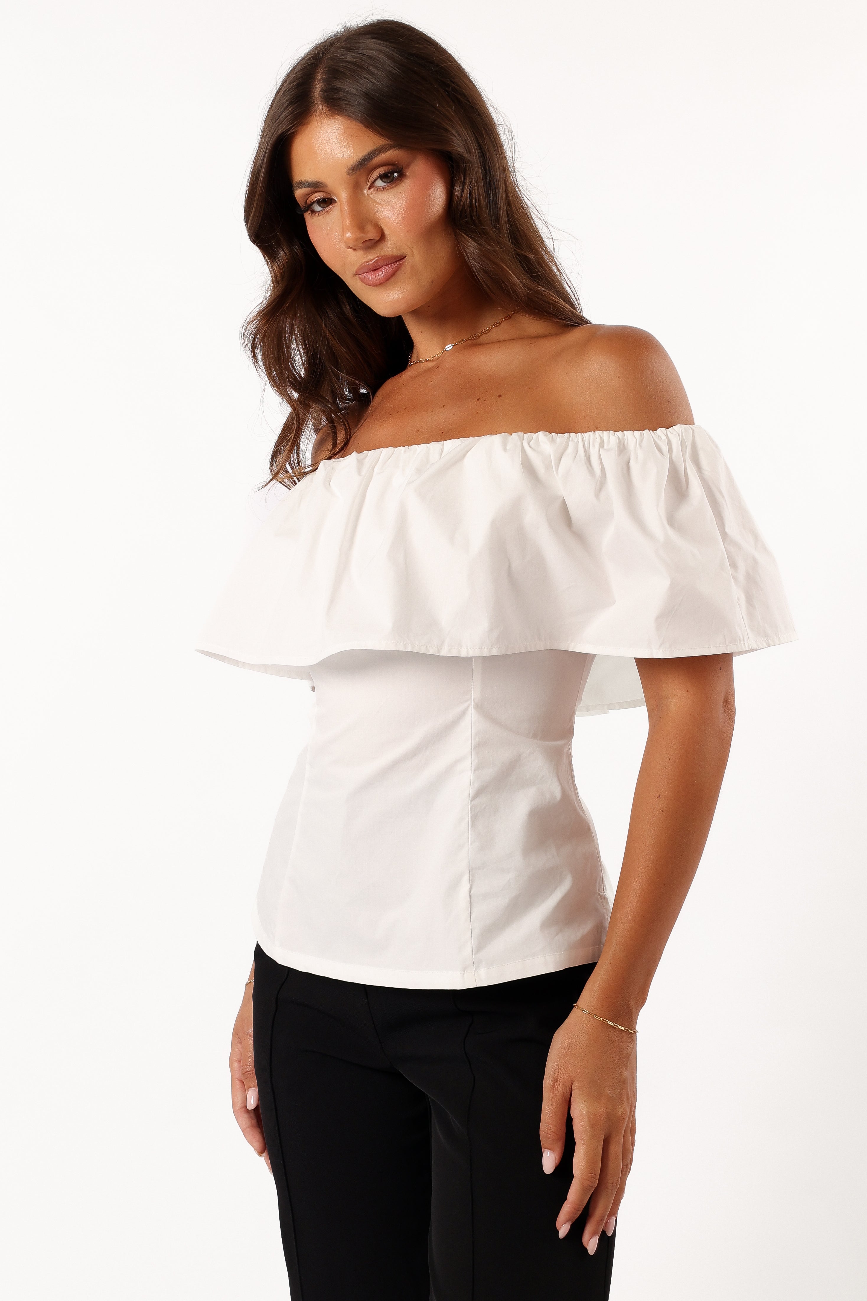 Emery Off The Shoulder Top Women's Fashion Blouse - White Summer Casual Shirt for Beach, Party & Date Night Outfits