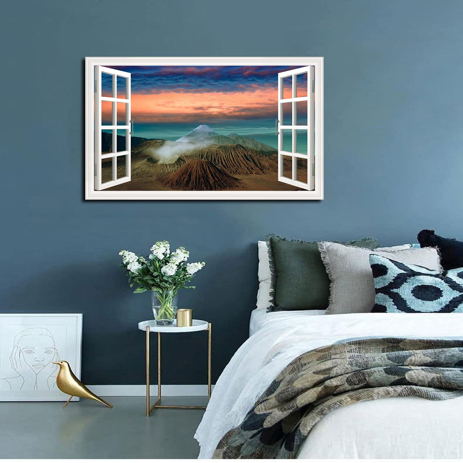 Volcano Landscape Canvas Art - Fake Open Window Wall Decor with Framed Painting for Living Room, Office, Bedroom - Ready to Hang - Perfect for Home & Office Decoration
