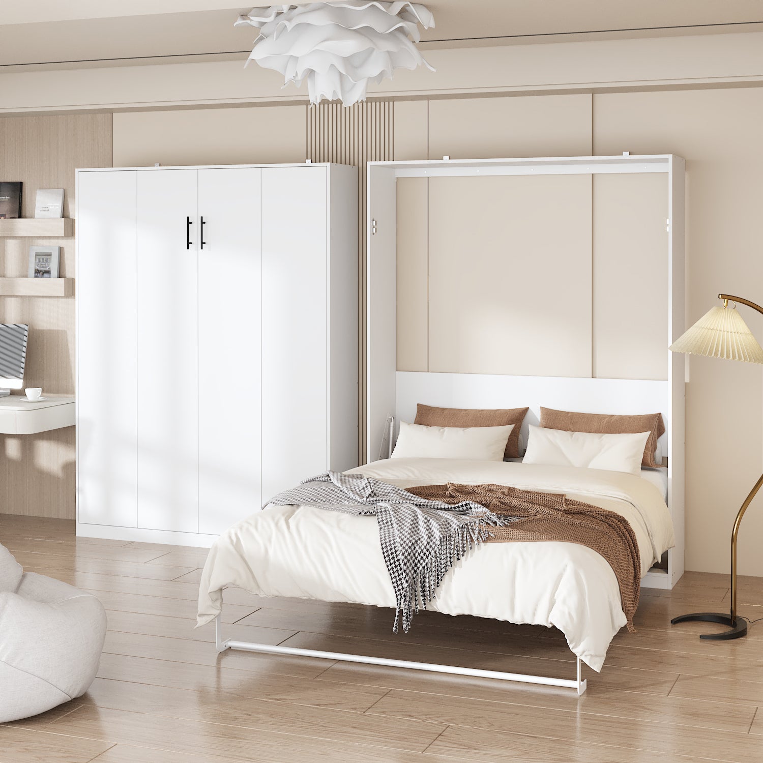 Modern White Murphy Wall Bed - Space-Saving Foldable Bed for Small Apartments, Guest Rooms & Home Offices