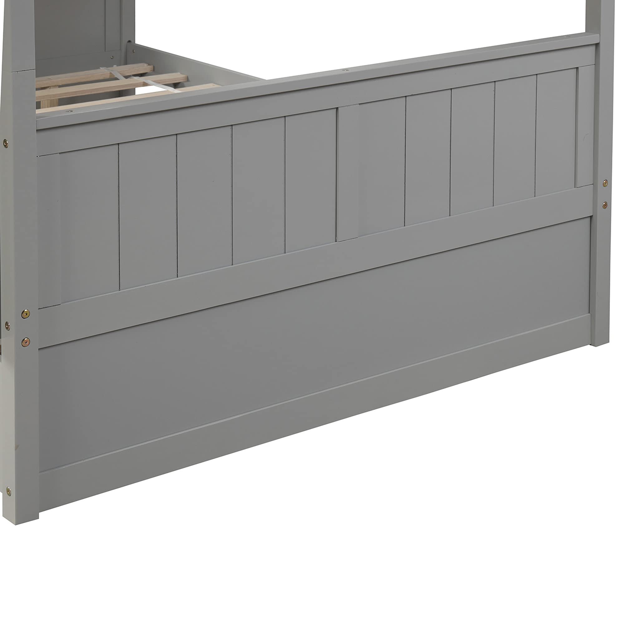 P PURLOVE Full Over Full Bunk Bed with Twin Trundle - Sturdy Wood Bunk Bed Frame with Ladder & Safety Rails - Space-Saving Bunk Beds for Teens & Kids - No Box Spring Required (Gray) - Perfect for Small Bedrooms, Guest Rooms & Vacation Homes