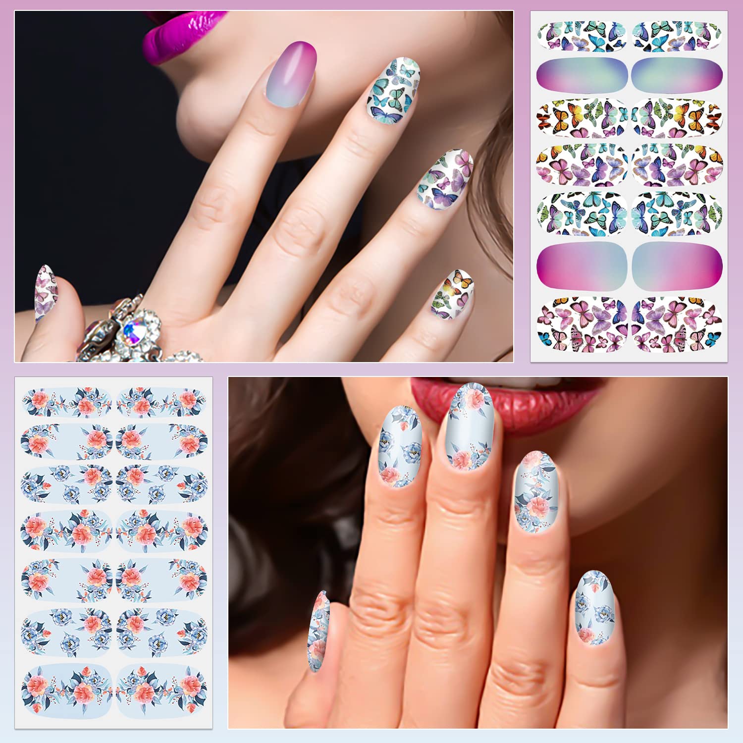 DANNEASY 16 Sheets Nail Wraps - Butterfly Flower Nail Polish Strips for Women | Self-Adhesive Manicure Stickers with Nail File & Cuticle Stick (Chic Style) | Perfect for Parties, Weddings & Everyday Nail Art