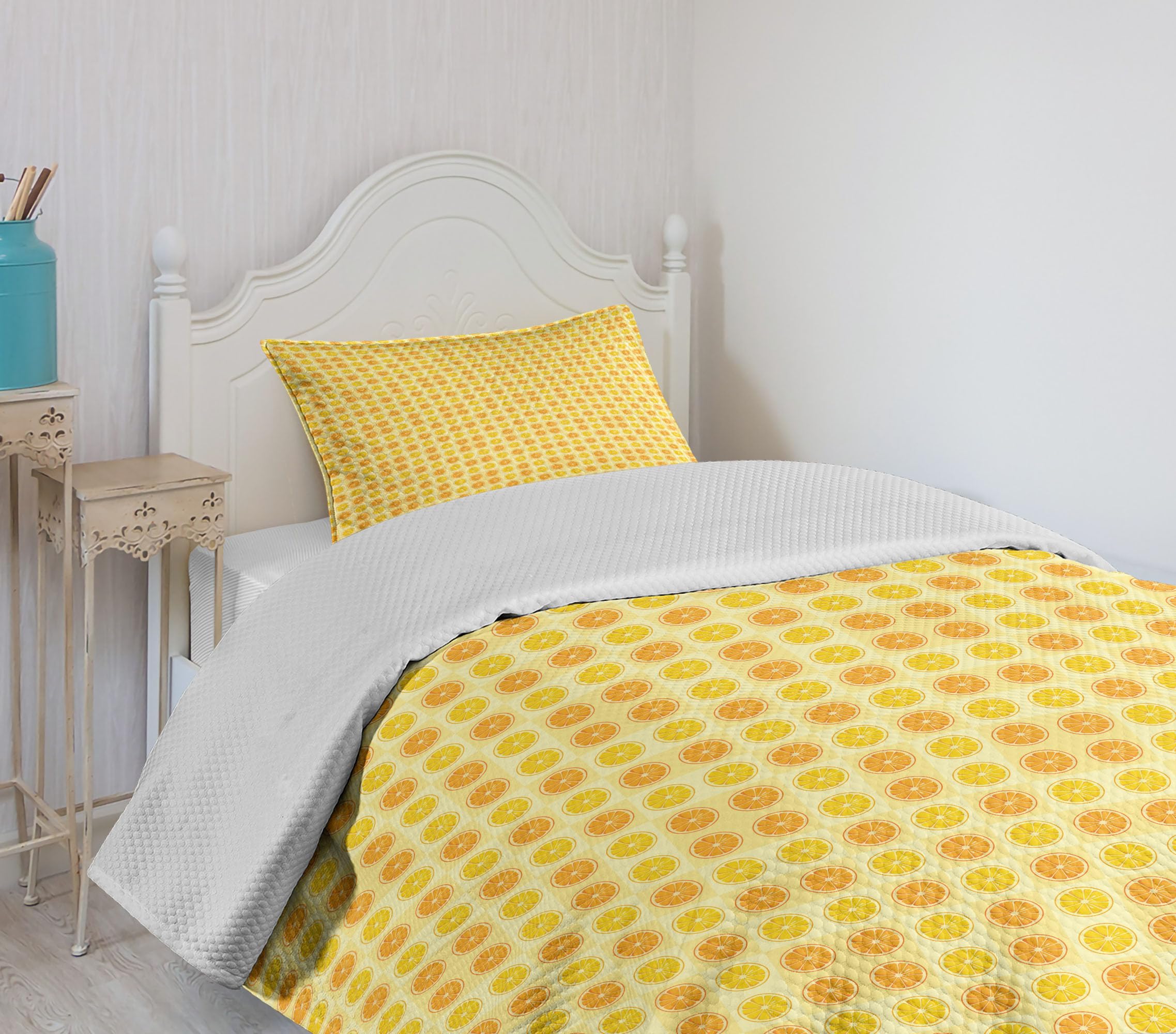 Ambesonne Citrus Fruit Bedspread Set - Twin Size, Pale Yellow for Cozy Bedroom Decor