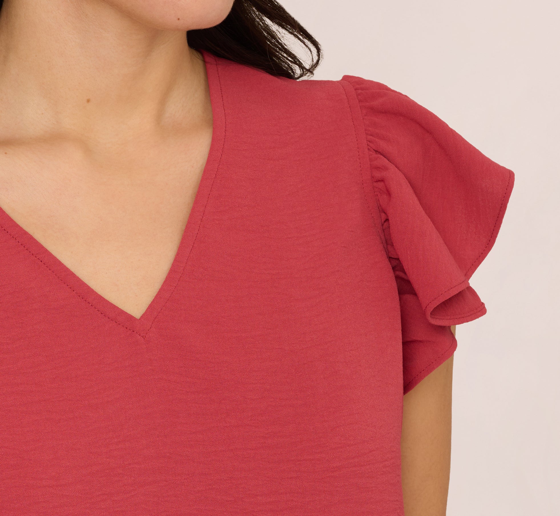 Elegant Ruffle Sleeve V Neck Satin Blouse in Rose Pink - Perfect for Date Night, Cocktail Parties & Special Occasions