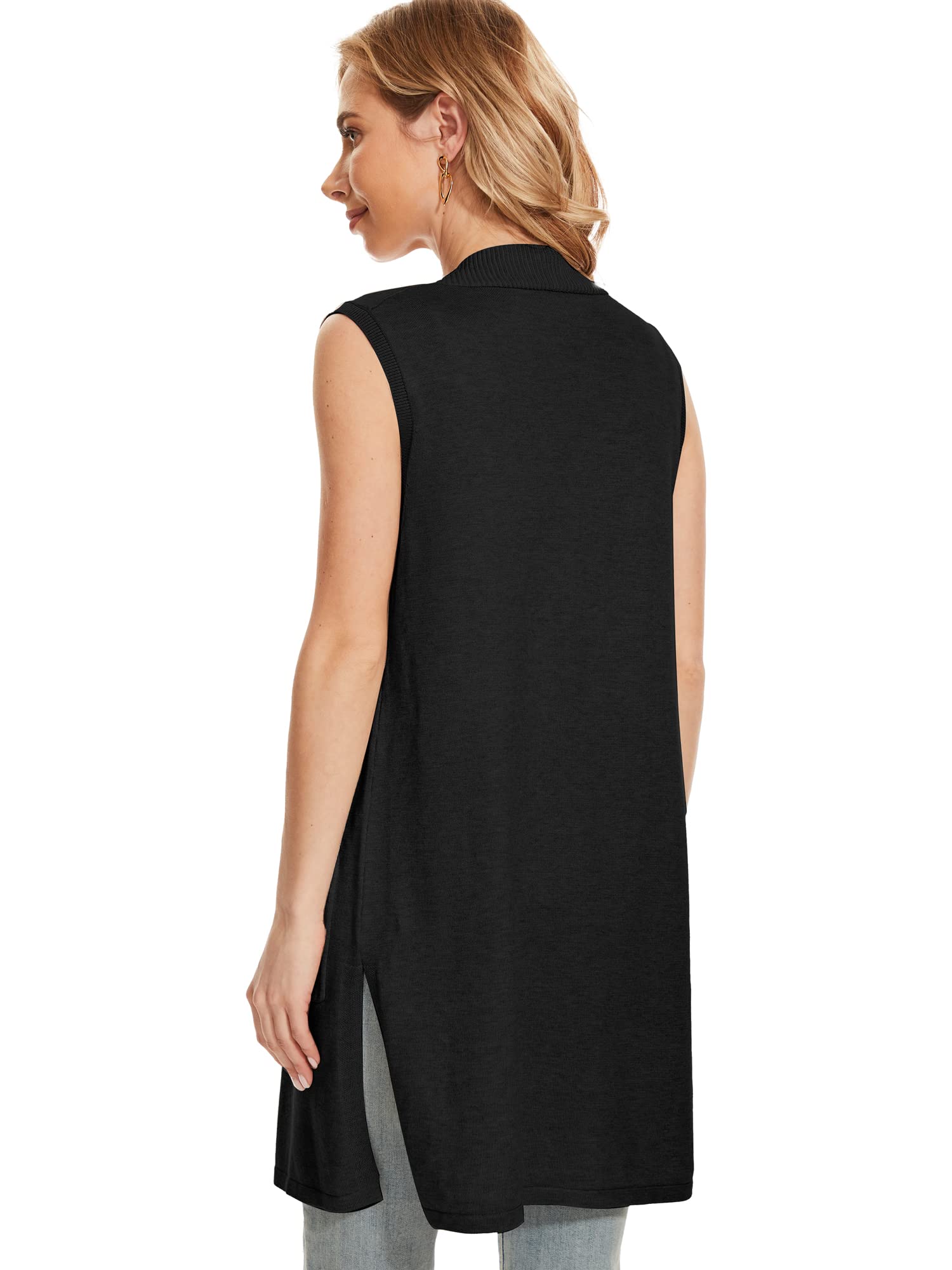 Women's Moss Rose Long Vest - Sleeveless Lightweight Open Front Cardigan with Ribbed Knit & Pockets | Perfect for Layering, Office Wear & Casual Outfits