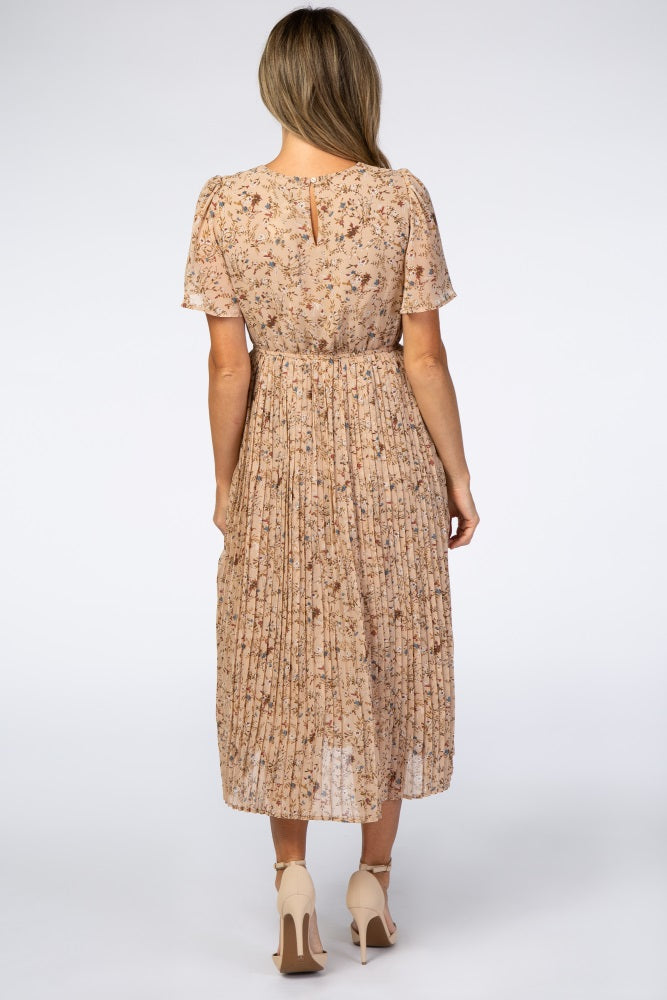 Elegant Beige Floral Pleated Chiffon Midi Dress for Women - Perfect for Spring Weddings, Garden Parties & Date Nights