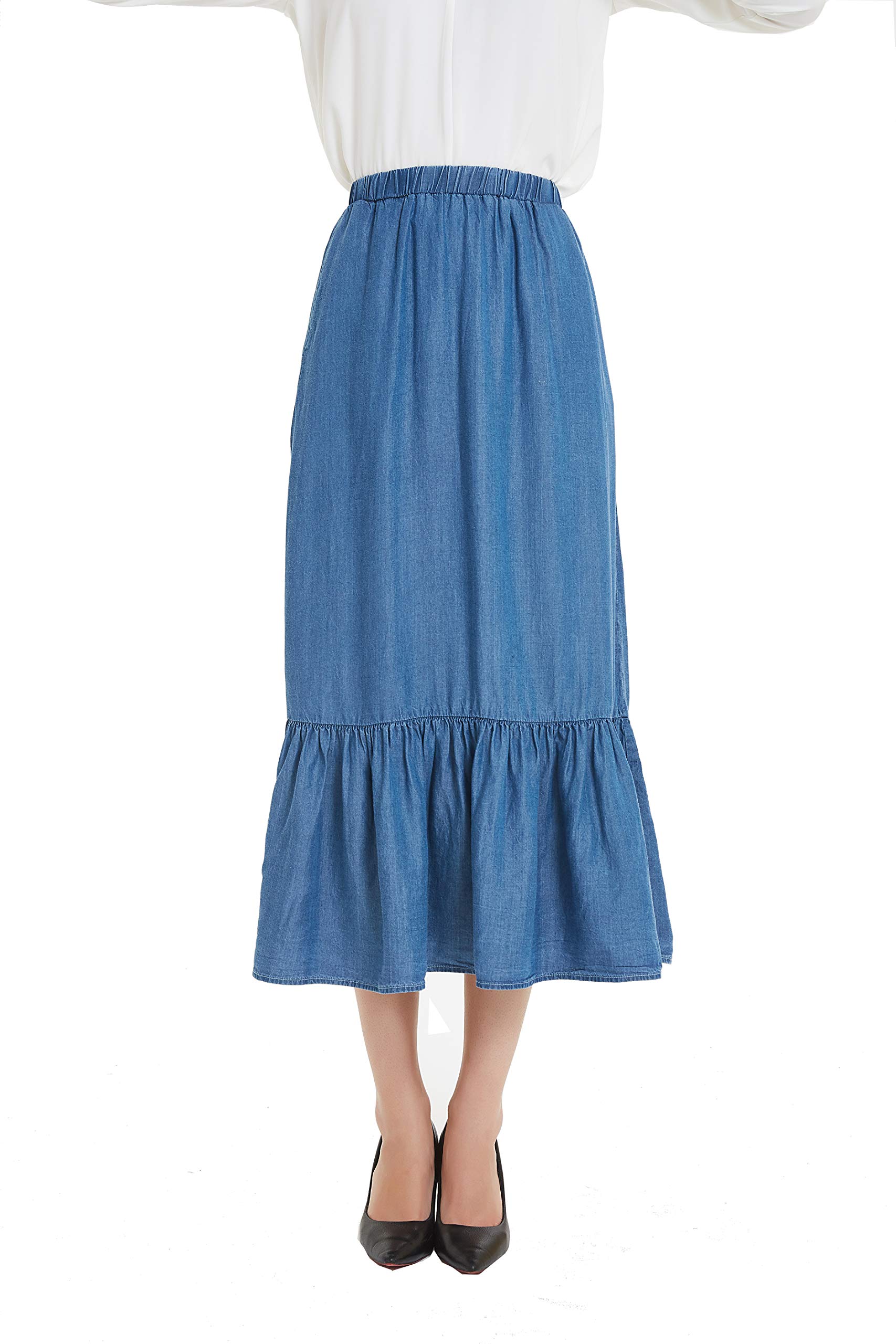Tronjori Women's Tencel Denim Midi Skirt with Pleated Hem - Comfortable Stretch Long Skirt for Casual Wear, Office & Date Night Outfits