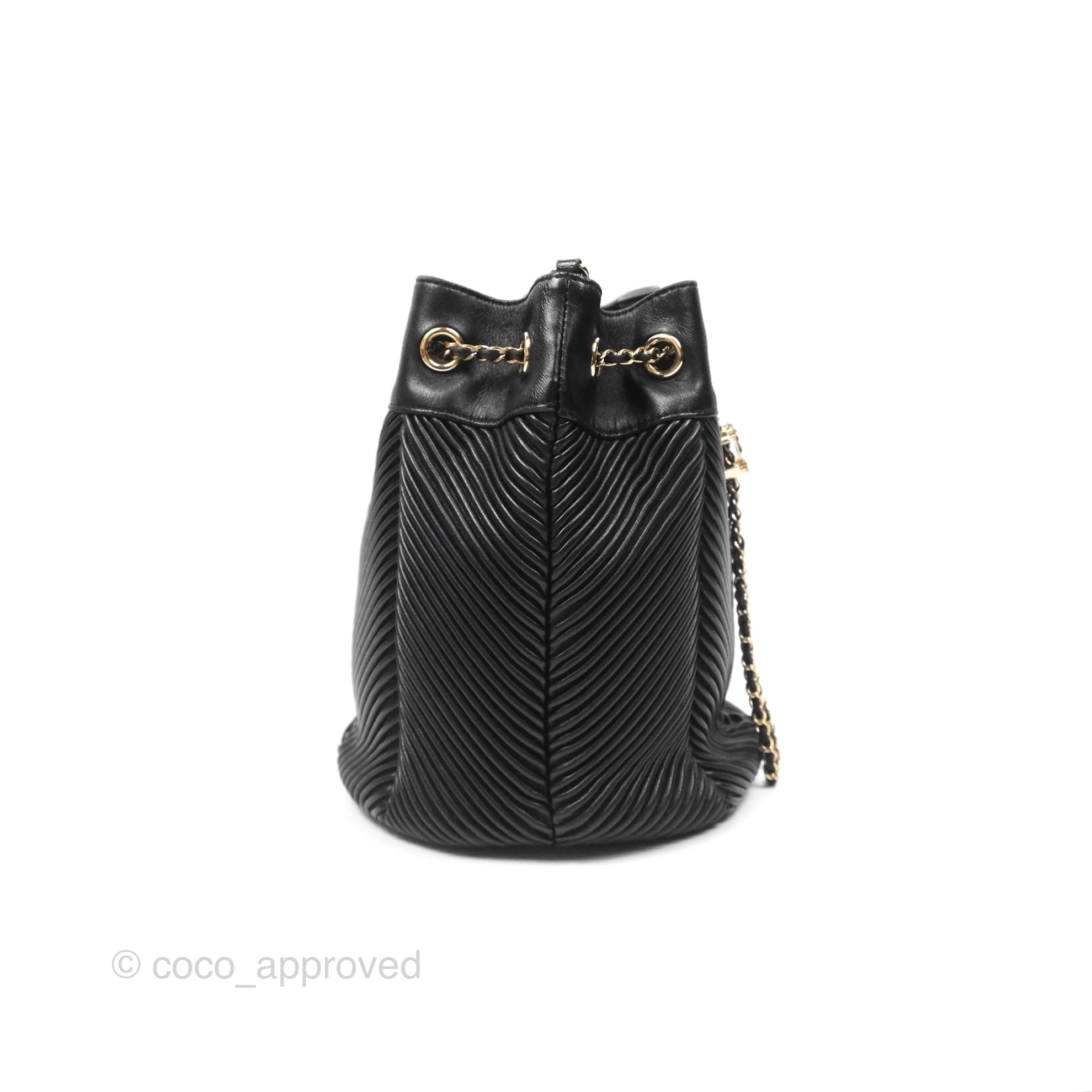 Chanel CC Chain Drawstring Bucket Bag Chevron Black Lambskin Gold Hardware - Luxury Crossbody Shoulder Bag for Women, Perfect for Parties, Date Nights & Special Occasions