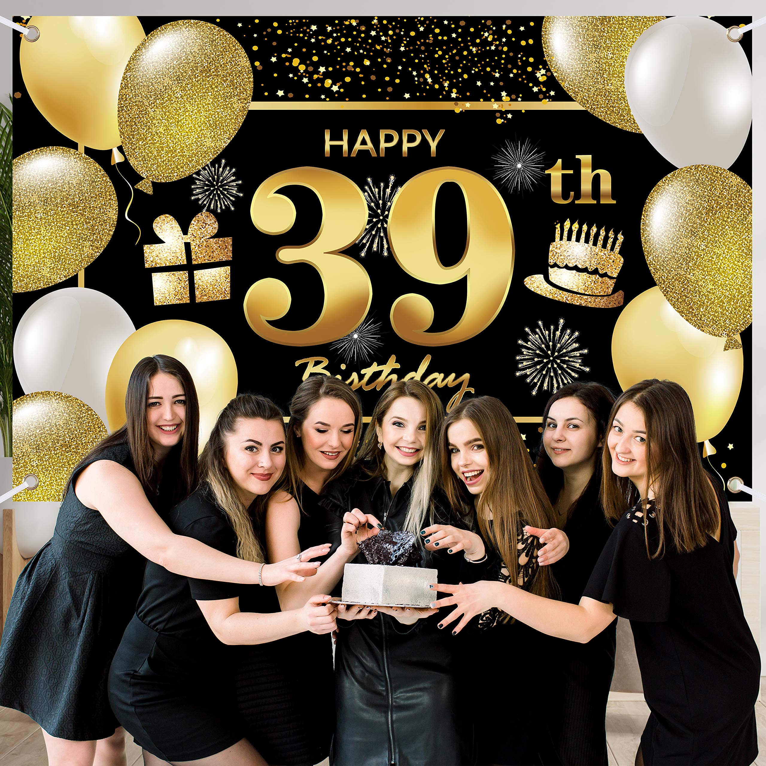 39th Happy Birthday Banner for Men - Gold & Black Birthday Party Decorations - Large Backdrop for Adult Birthday Celebrations - Perfect for Home, Office & Outdoor Party Decor