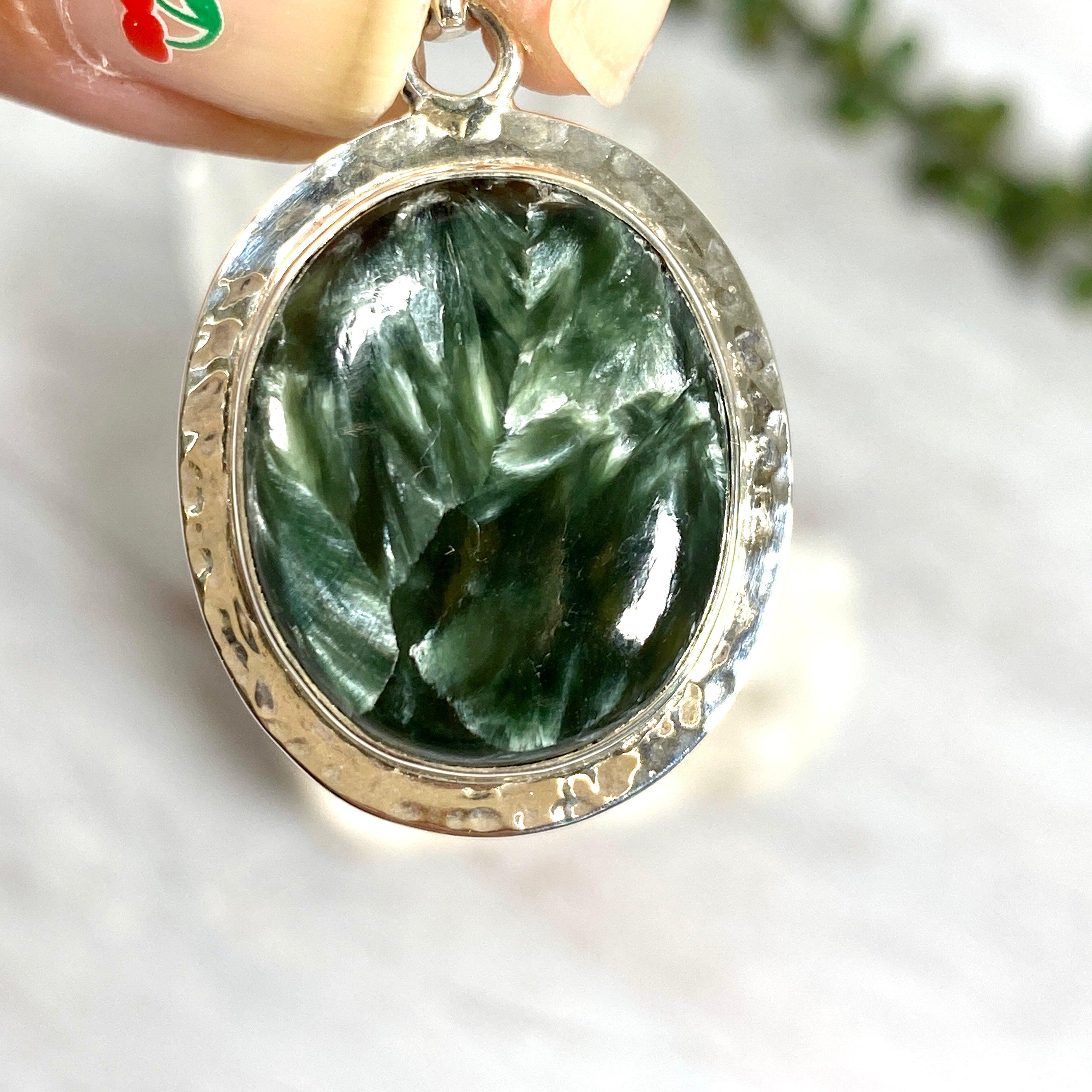 Natural Seraphinite Oval Cabochon Pendant with Handcrafted Beaten Banding - KPGJ2511 | Healing Crystal Jewelry for Meditation & Spiritual Gifts