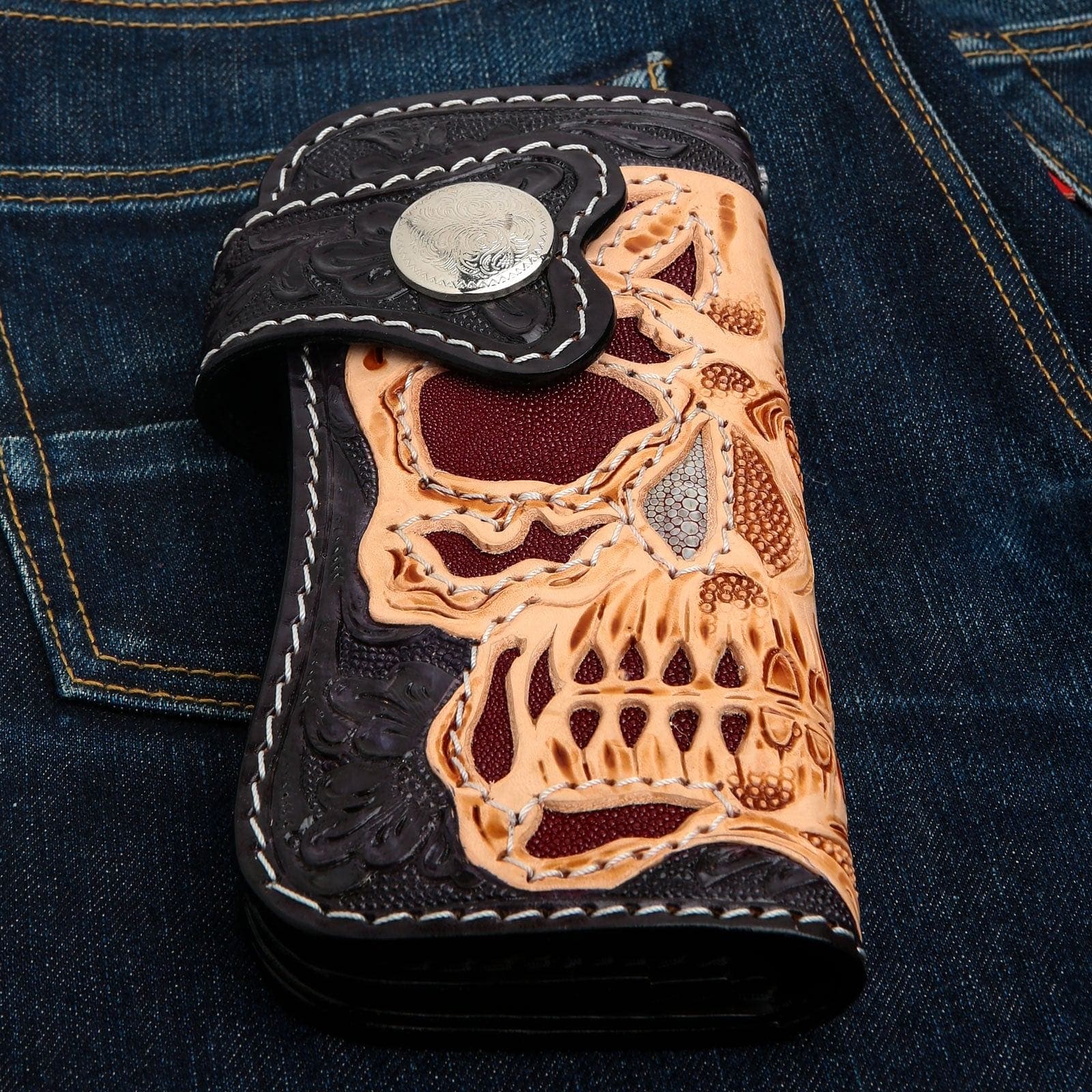 Hand Tooled Motorcycle Skull Rider Genuine Leather Biker Wallet for Men - Vintage Biker Accessories, Motorcycle Gifts for Riders, Perfect for Harley Davidson Enthusiasts & Biker Lifestyle
