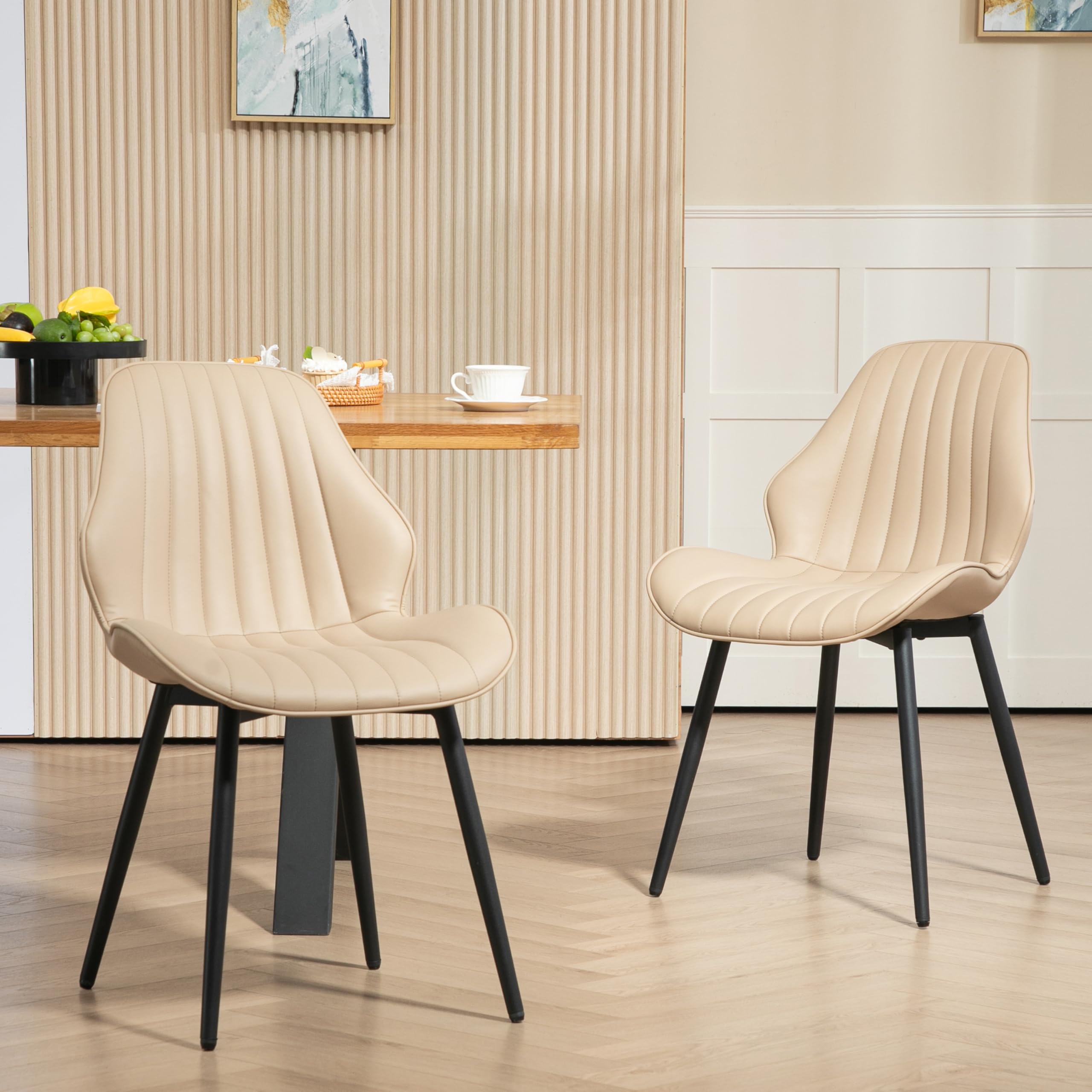 Finnhomy Mid-Century Modern Dining Chairs Set of 2 - Faux Leather Upholstered Armless Accent Chairs with Backrest & Metal Legs - Khaki Living Room & Dining Room Seating for Home Decor