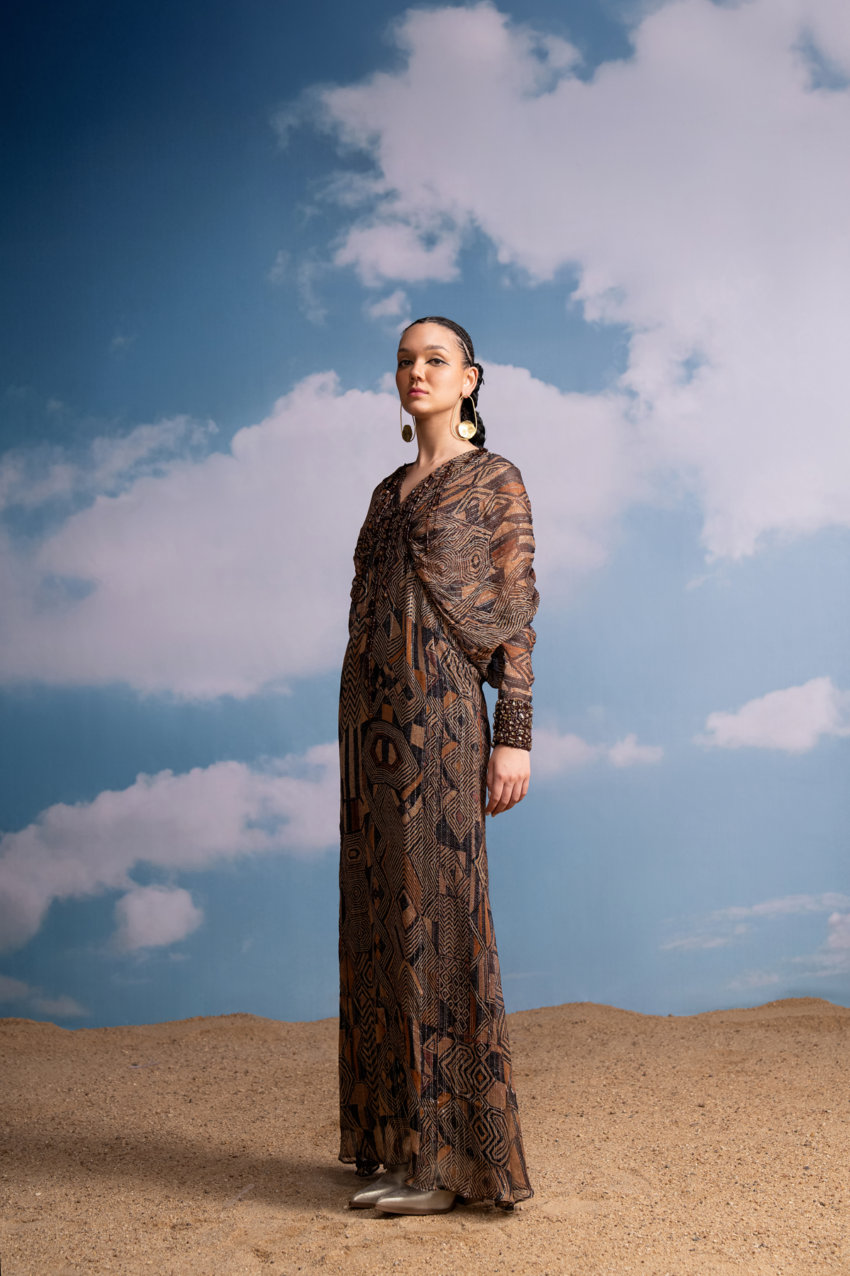 Elegant Brown Geometric Kimono Dress with Handmade Tassels & Embroidered Cuffs | Boho Chic Women's Fashion for Casual Wear, Beach Cover-Up & Special Occasions