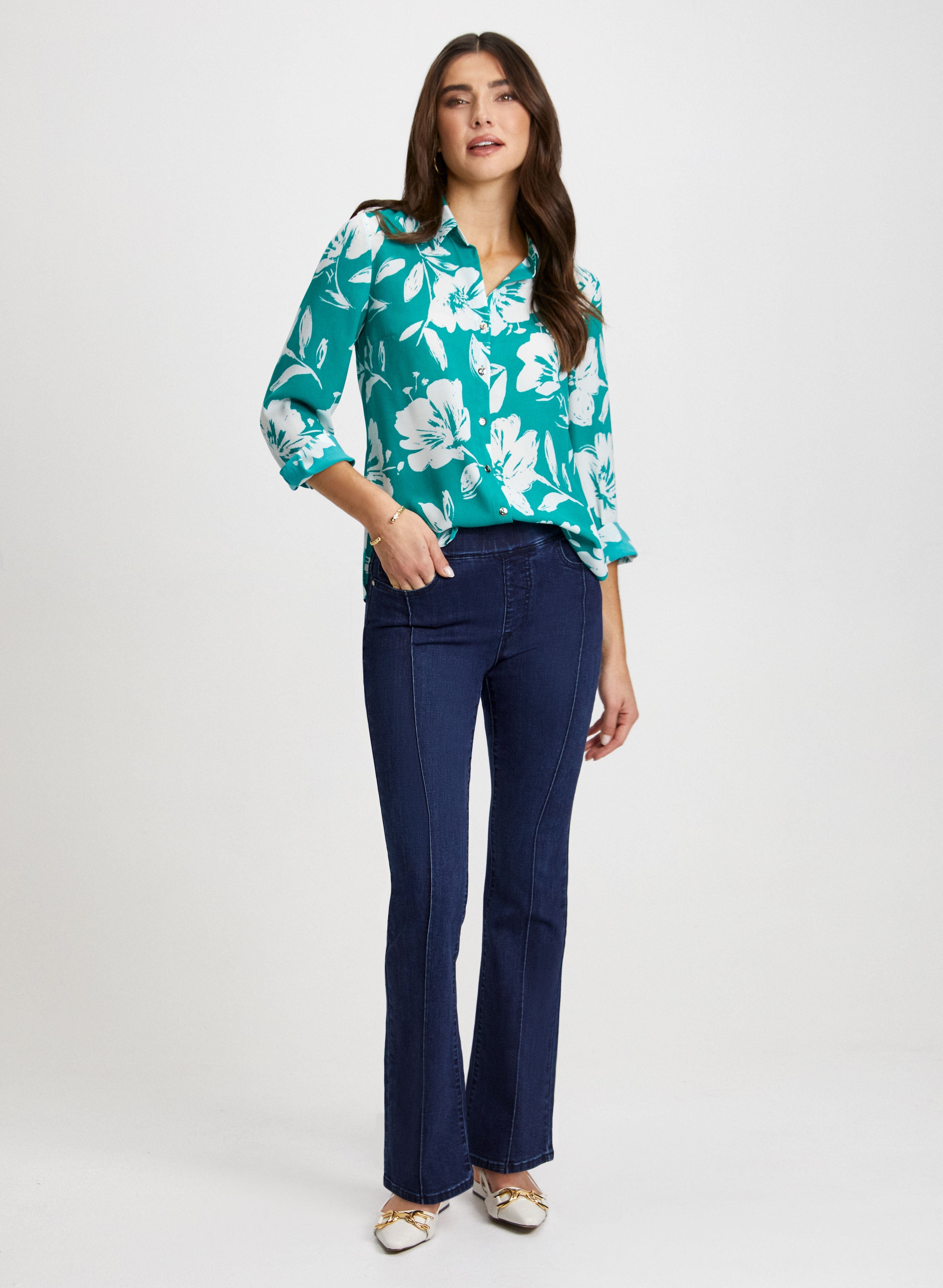 Floral Print Blouse & Bootcut Jeans Set - Women's Casual Outfit for Spring Summer | Perfect for Office, Date Night & Weekend Wear