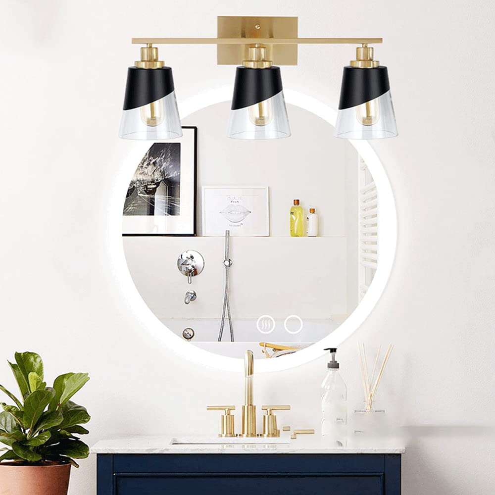 Vintage Black and Gold Vanity Lighting Fixture - 23.6 Inch Bathroom Mirror Light with Beveled Edge & Clear Glass Shade (3 Lights) - Perfect for Bathroom, Dressing Room, and Makeup Area Lighting