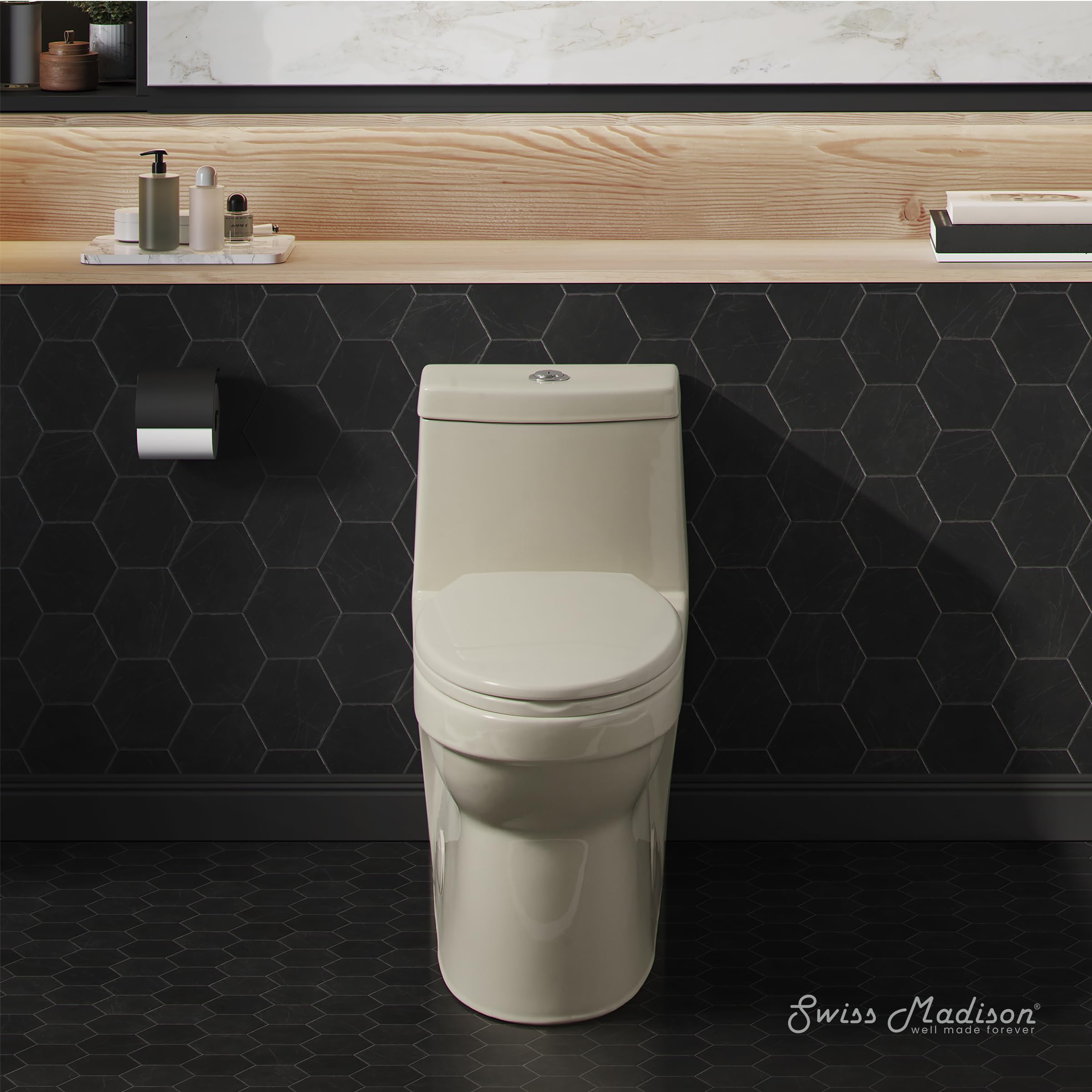 Swiss Madison SM-1T118 Virage One Piece Toilet - Modern Elongated ADA Compliant Dual Flush (0.8/1.28 GPF) Bathroom Toilet in Bisque - Perfect for Small Bathrooms, Powder Rooms & Water-Efficient Homes