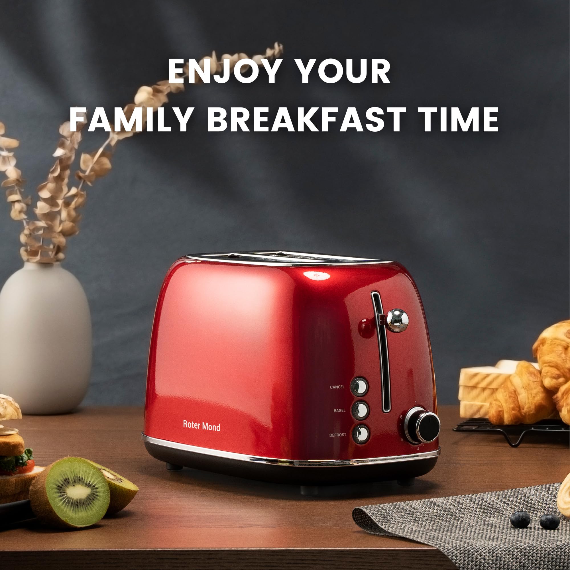 Retro 2-Slice Toaster with Bagel, Cancel & Defrost Functions - Stainless Steel, 6 Shade Settings, Extra Wide Slots & Removable Crumb Tray - Red - Perfect for Kitchens, Dorms & Small Spaces